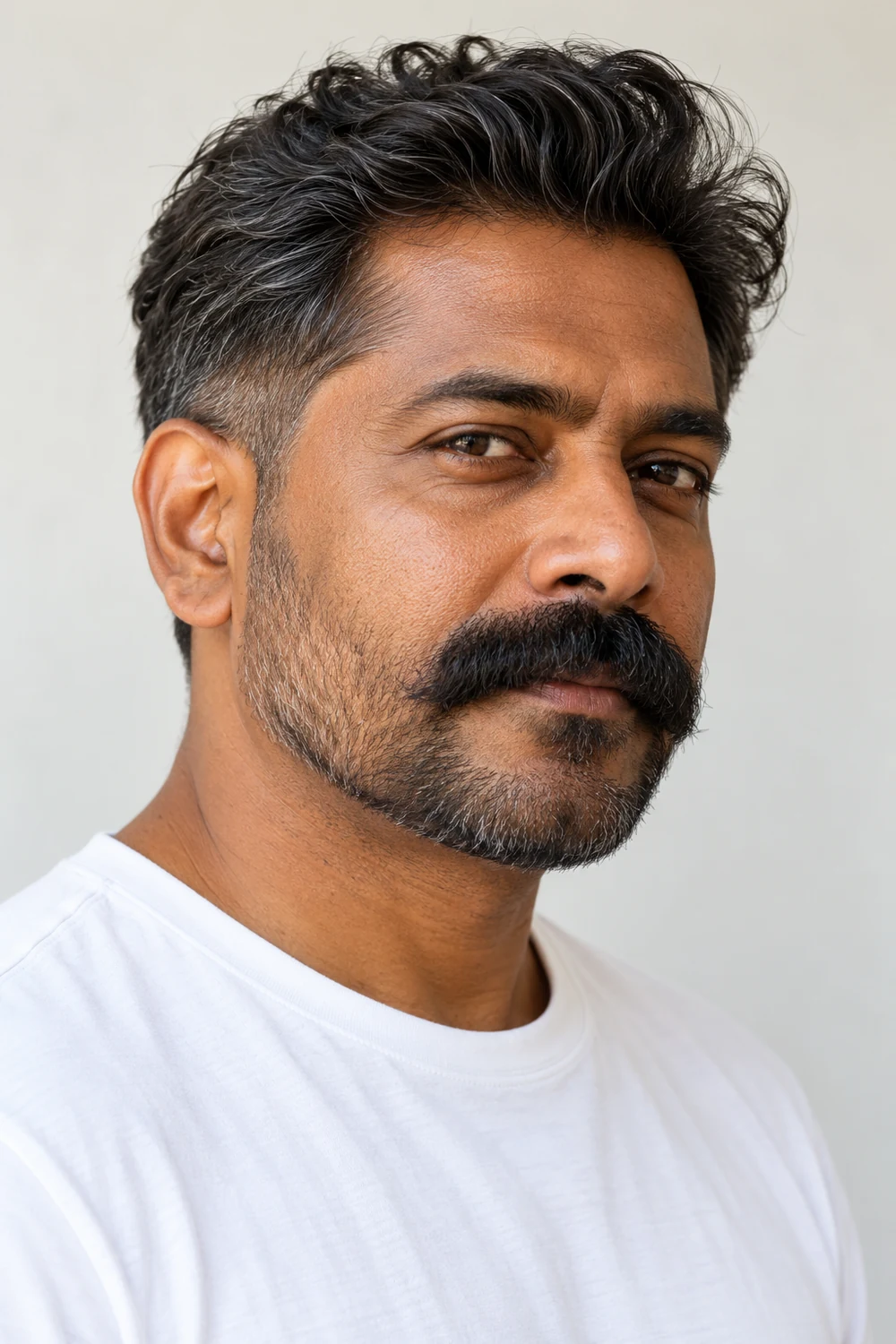 Three-quarter portrait of an adult South Asian man with a prominent blunt mustache, short beard, and faded sideburns.