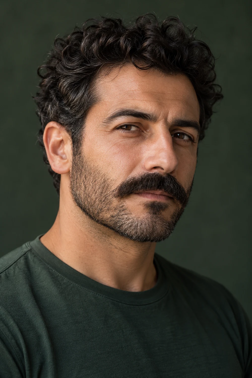 Three-quarter portrait of a fictional adult man with curly dark hair, a full mustache, and close sculpted stubble.