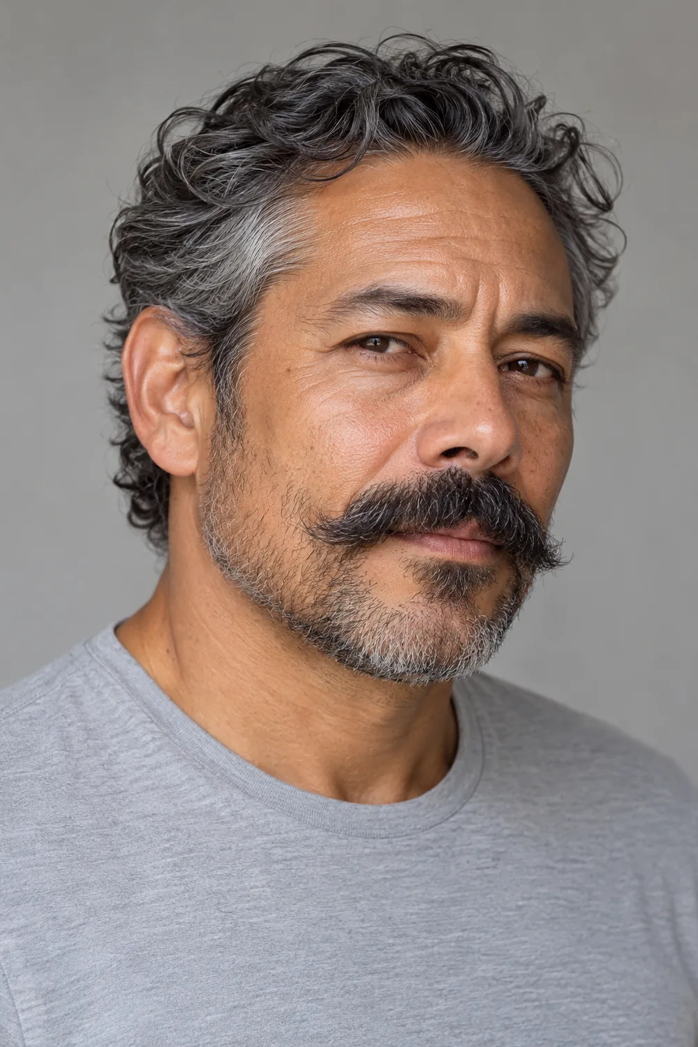 Fictional adult man in a light gray shirt, shown in three-quarter view with a prominent extended mustache over a short rounded salt-and-pepper beard.
