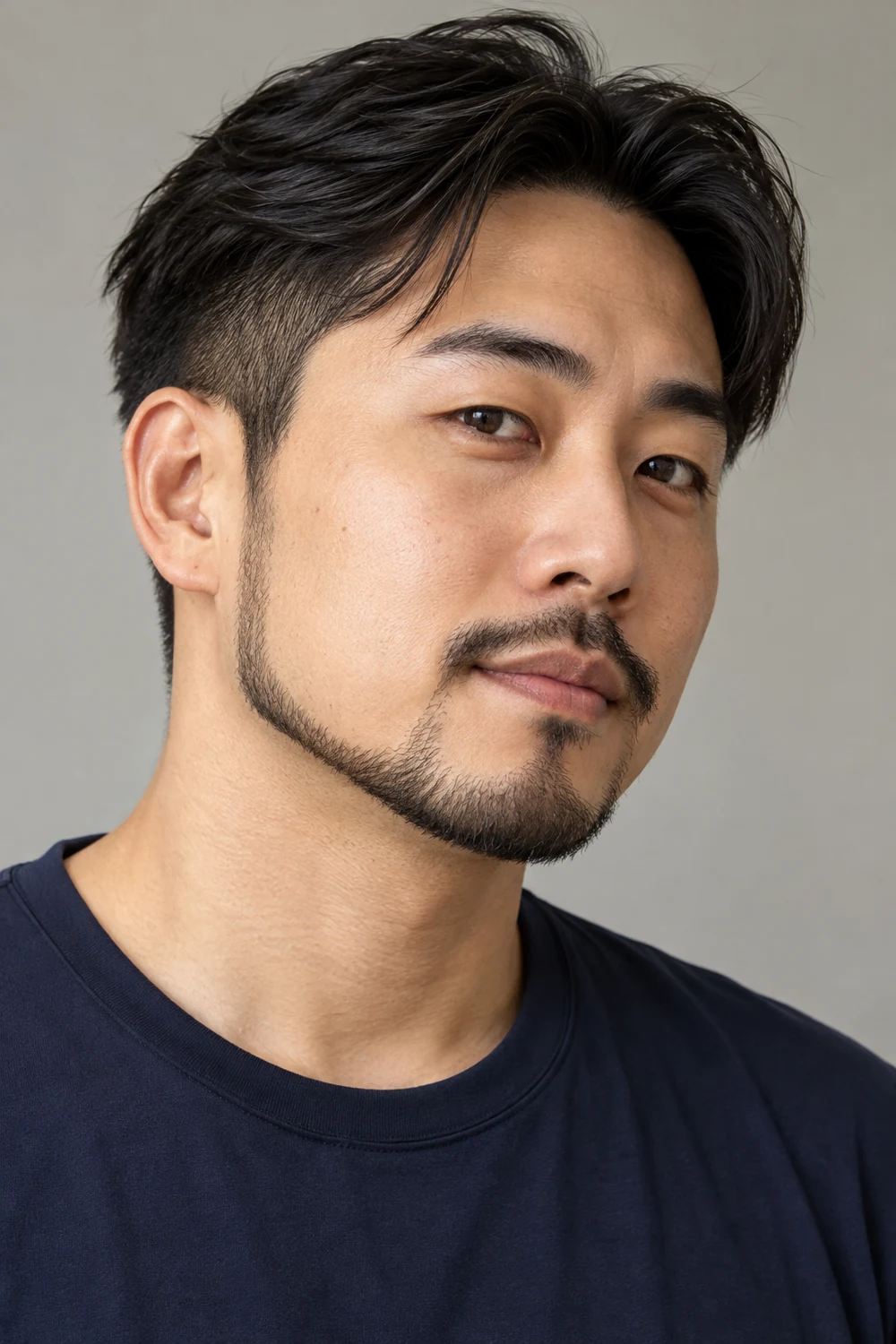 Three-quarter portrait of an adult East Asian man with a narrow chin strap beard following the jaw, clear upper cheeks, tapered sideburns, and a modest connected mustache.