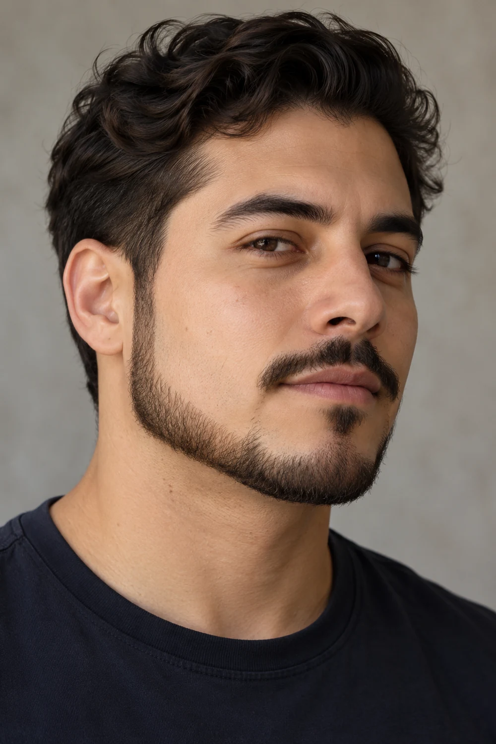 Three-quarter portrait of an adult man with warm olive skin, a softly edged wavy chin strap beard, and a separate neat mustache.