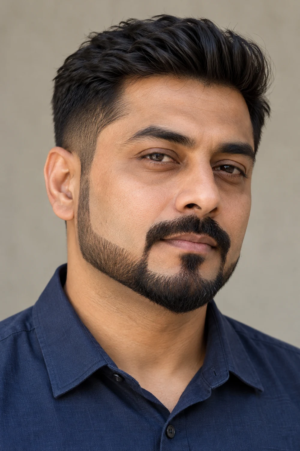 Adult South Asian man with a medium-width angular chin strap beard, crisp cheek borders, tapered sideburns, and a connected mustache.