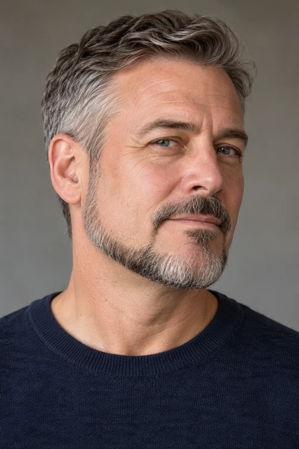 Mature adult man in a three-quarter portrait with a rounded salt-and-pepper chin strap beard, clear upper cheeks, and a separated slim mustache.