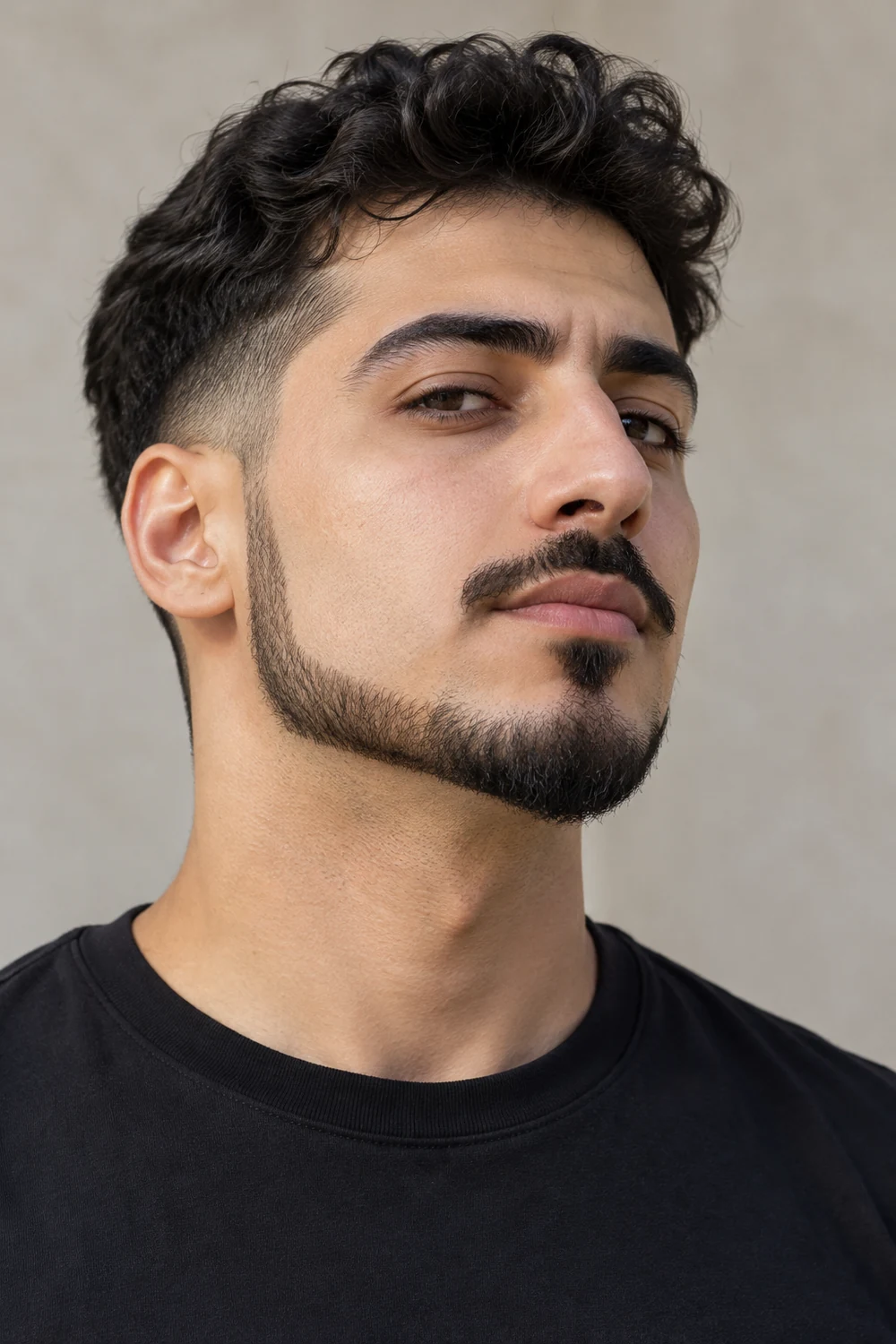Three-quarter portrait of an adult man with clean upper cheeks, a faded chin strap beard narrowing to a pointed chin, and a connected short mustache.