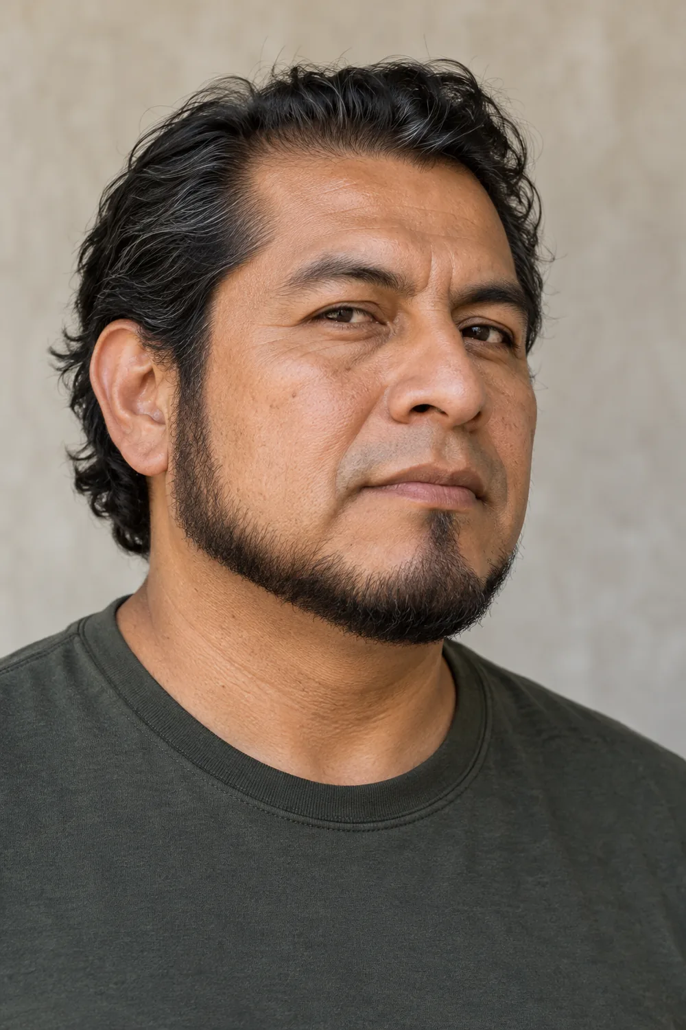 Three-quarter portrait of an adult man with full dark sideburns, a low softly curved chin strap beard, and a shaved upper lip.