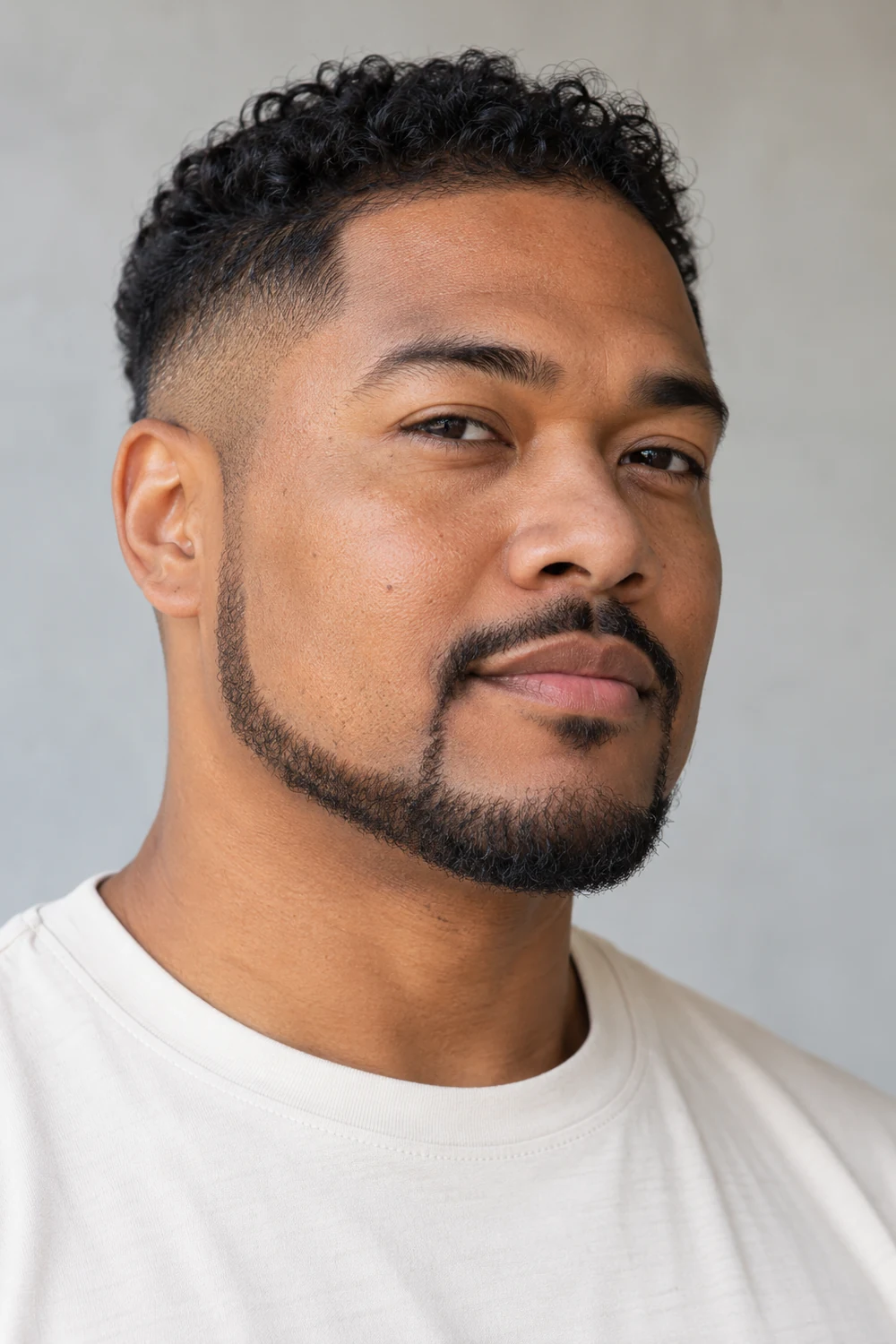 Adult man in a light shirt with a crisp, curly chin strap beard, rounded chin, close sideburn fade, and narrow connected mustache.