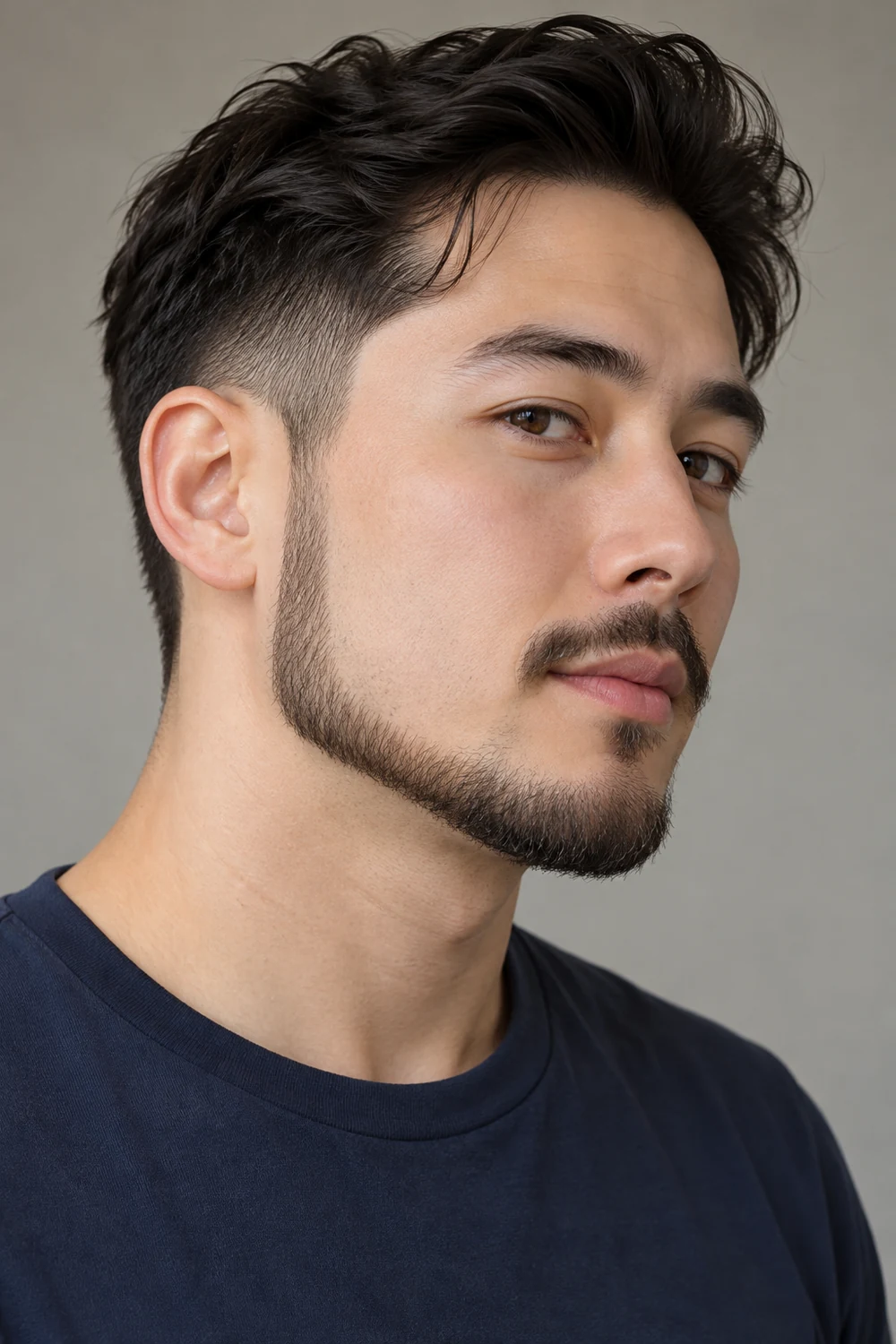 Three-quarter portrait of an adult man with a medium-width chin strap beard, faded sideburns, clear upper cheeks, and a short disconnected mustache.