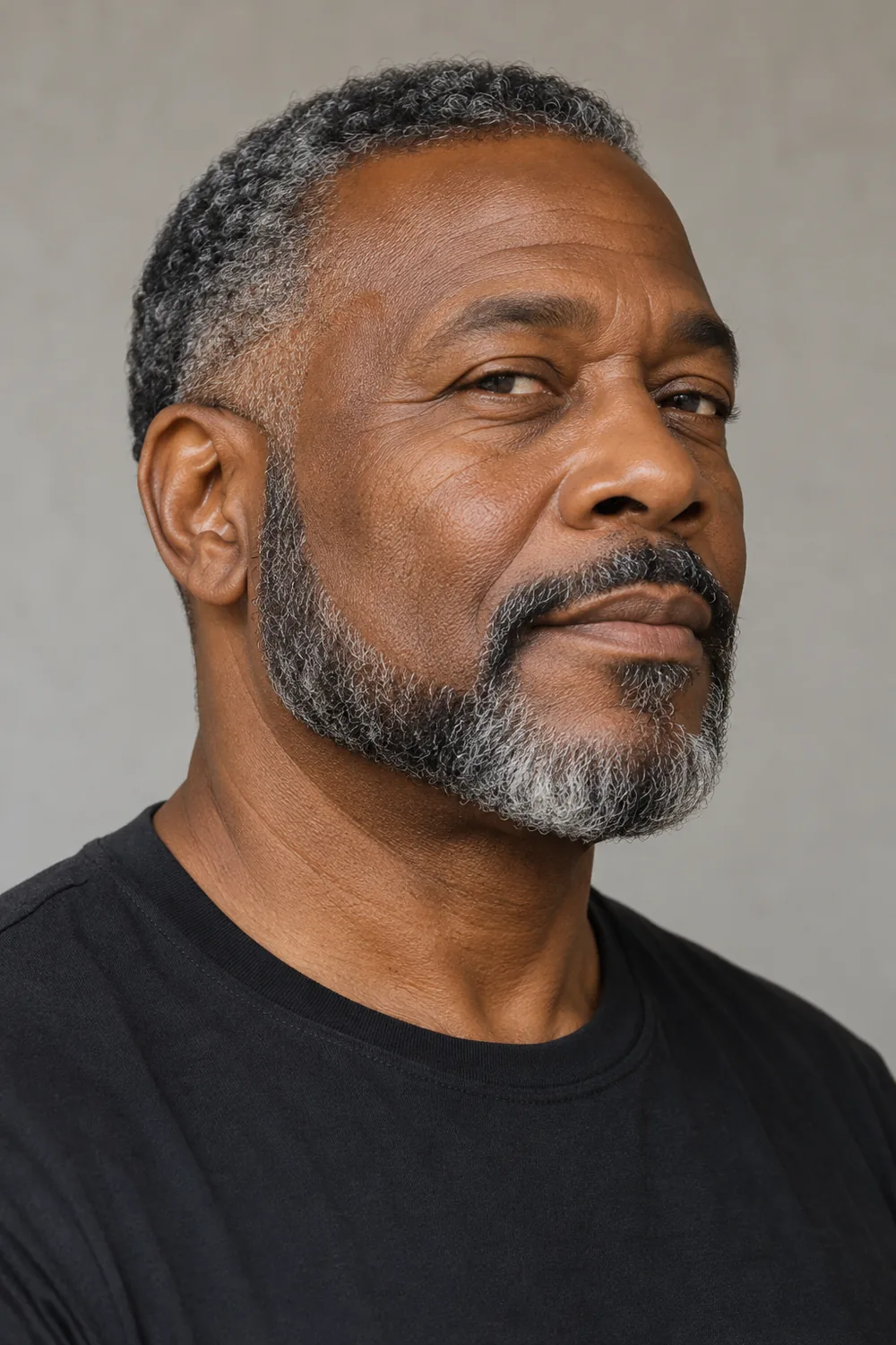 Three-quarter portrait of a mature Black man with salt-and-pepper facial hair, full sideburns joining a broad chin strap beard, and a connected mustache.