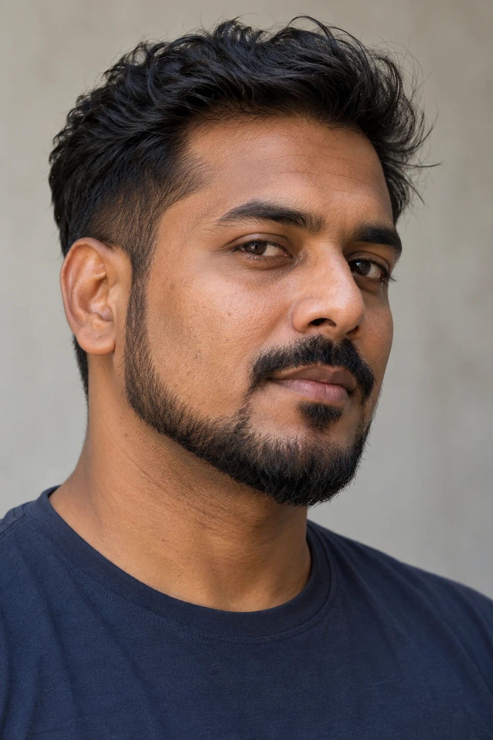 Adult man with a naturally coarse chin strap beard and a mustache separated at the corners.