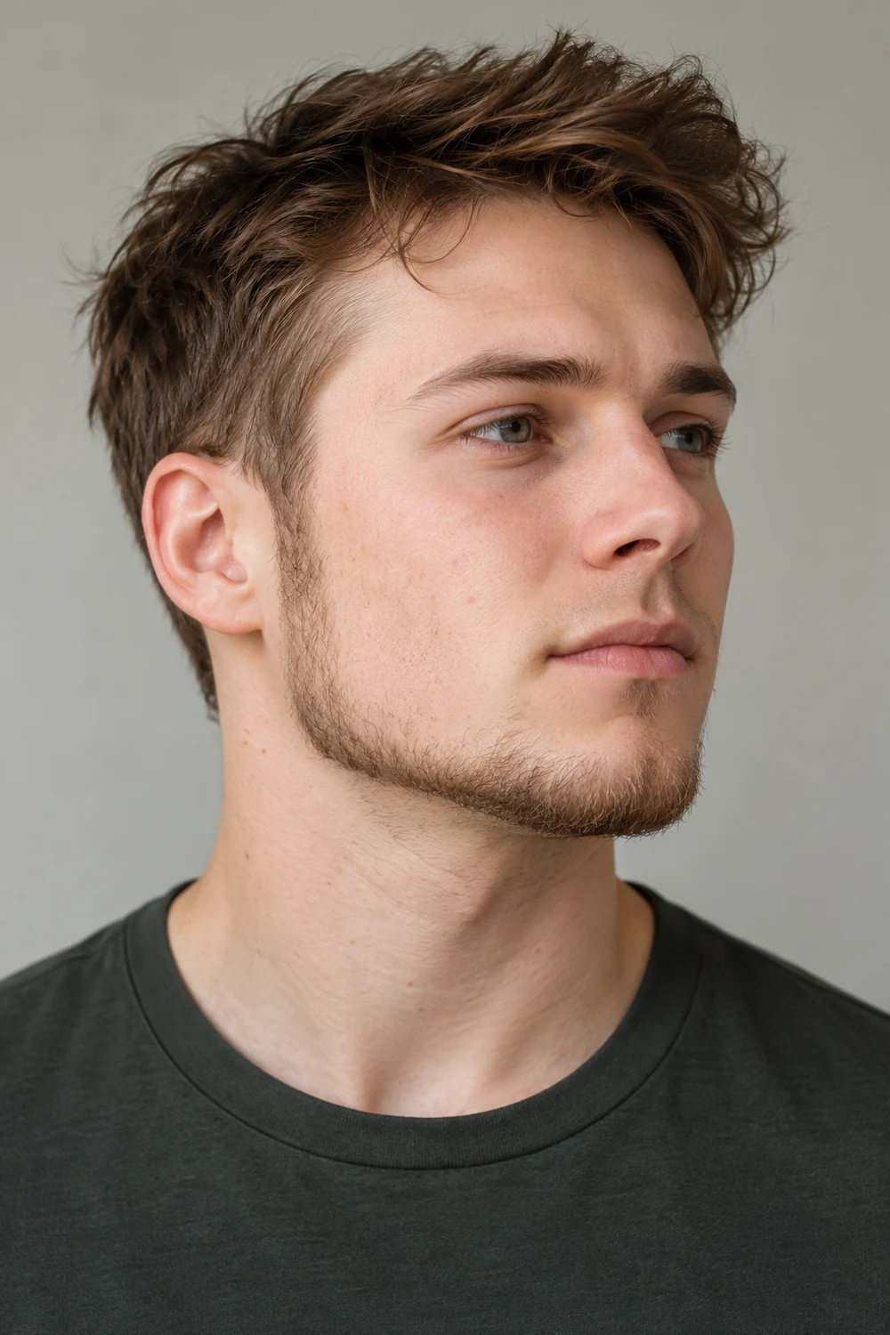 Three-quarter portrait of a fair-skinned adult man with fine, sparse light-brown chin strap beard, clear upper cheeks, and a shaved upper lip.