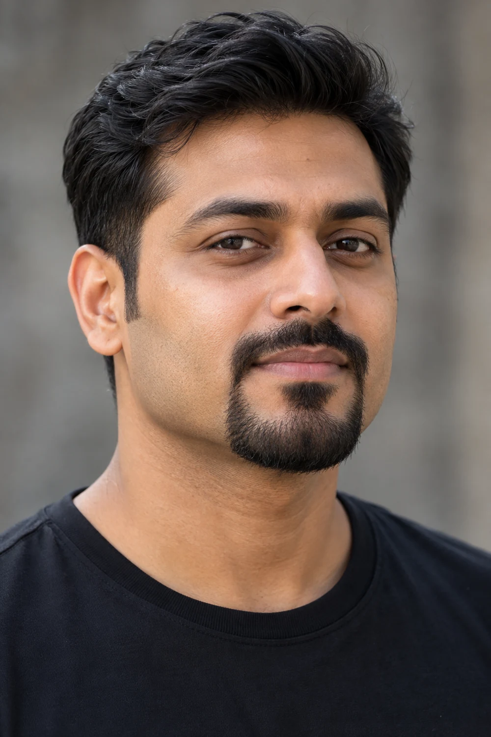 Adult South Asian man in a dark crew-neck shirt, shown in three-quarter view with a narrow circle beard, connected mustache, rounded chin, and shaved cheeks.