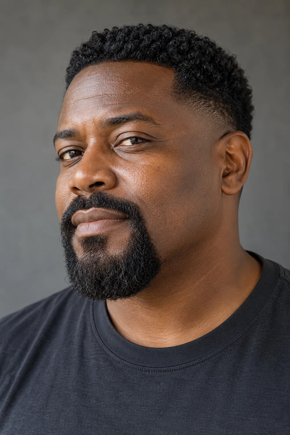 Adult Black man with a broad, rounded circle beard, connected mustache, tightly curled facial hair, and clean-shaven cheeks.