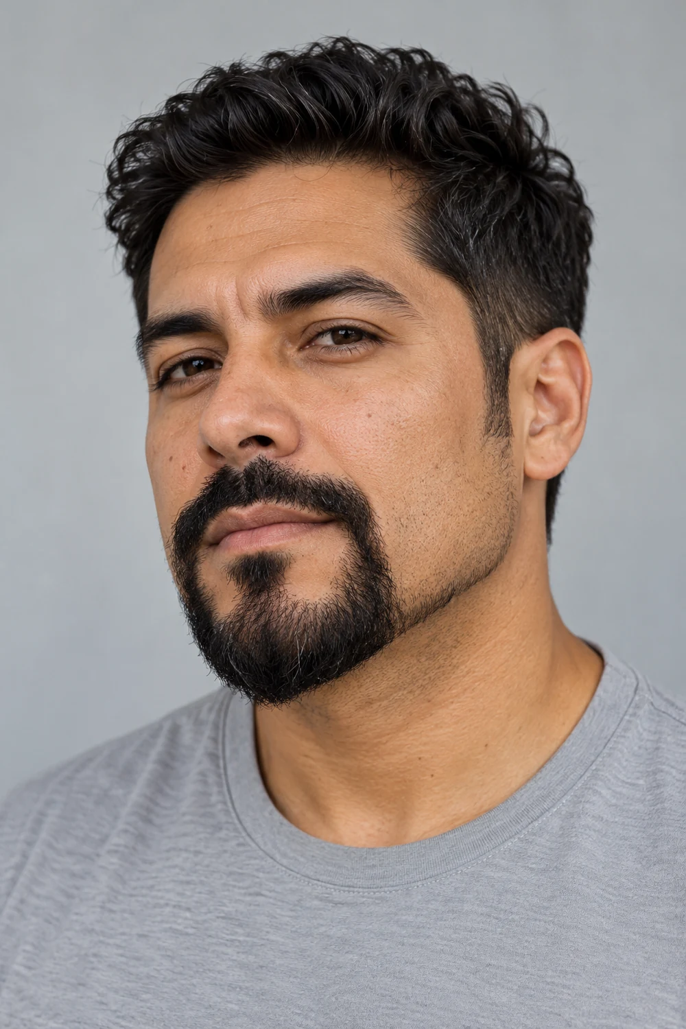 Three-quarter portrait of an adult man with a dense black connected circle beard, clean-shaven cheeks, and a modest pointed chin.