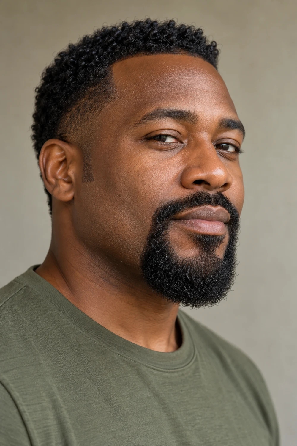 Adult Black man in an olive shirt, shown in three-quarter view with a dense, tightly coiled circle beard, continuous mustache, rounded chin, and shaved cheeks.