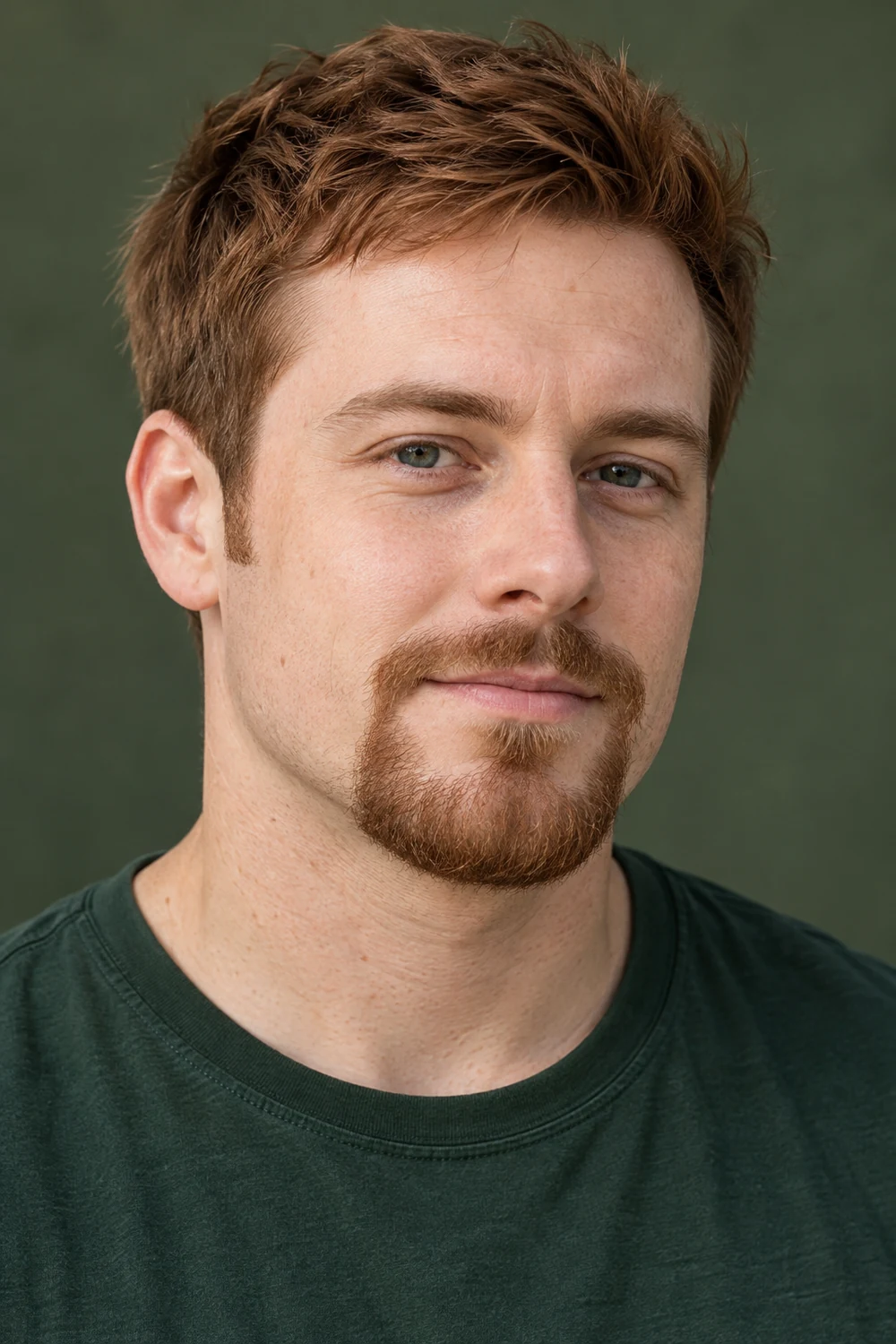 Three-quarter portrait of an adult man with fair skin, fine auburn hair, and a connected circle beard with a narrow mustache and rounded chin.