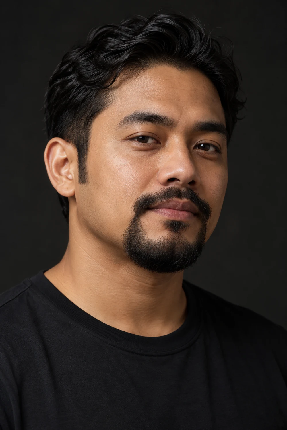 Three-quarter portrait of an adult Southeast Asian man wearing a medium-short circle beard with a rounded chin, connected mustache, softly blended edges, and shaved cheeks.
