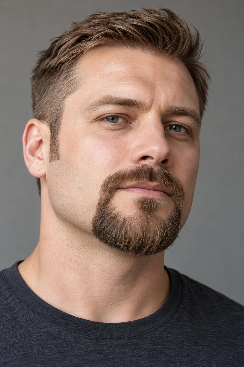 Three-quarter portrait of an adult man with a rounded dark-blond circle beard, connected mustache, shaved cheeks and charcoal crew-neck shirt.