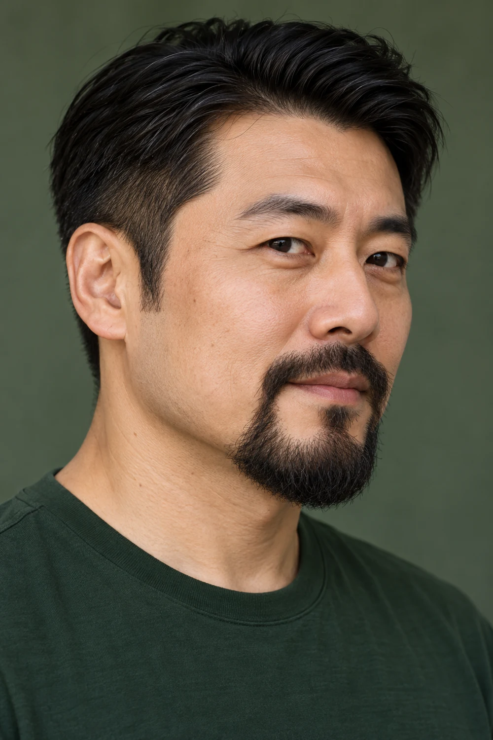 Photorealistic three-quarter portrait of an adult East Asian man with a connected black circle beard, clean-shaven cheeks, and separate short sideburns.