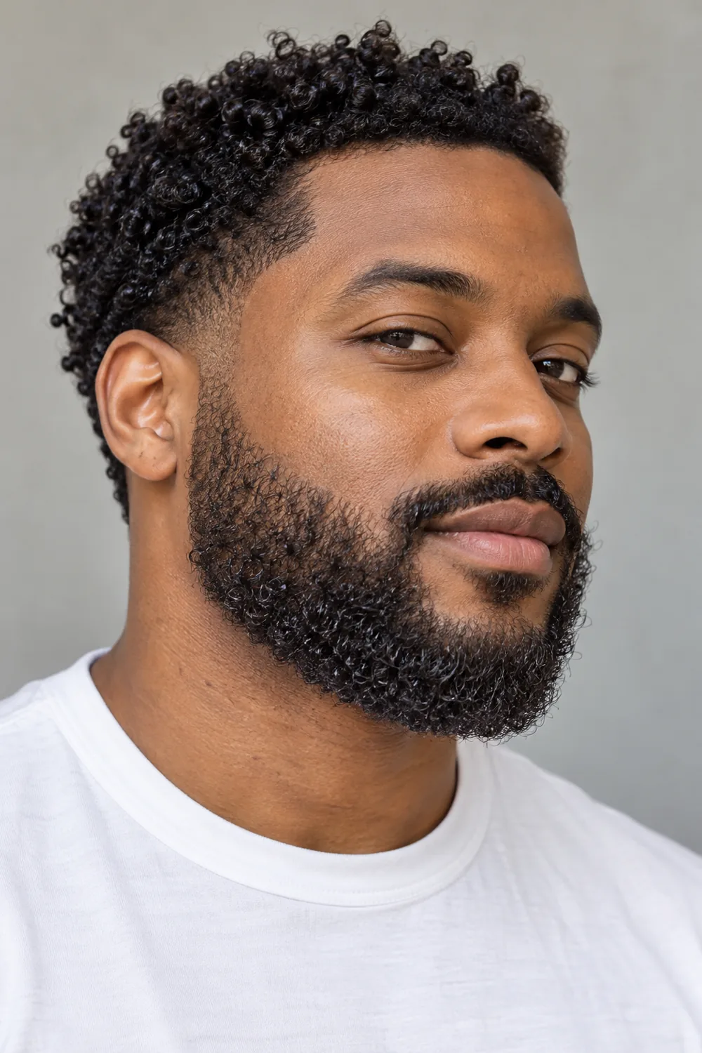 Adult man with a short, tightly curled beard, soft cheek edge, rounded chin, and connected mustache.