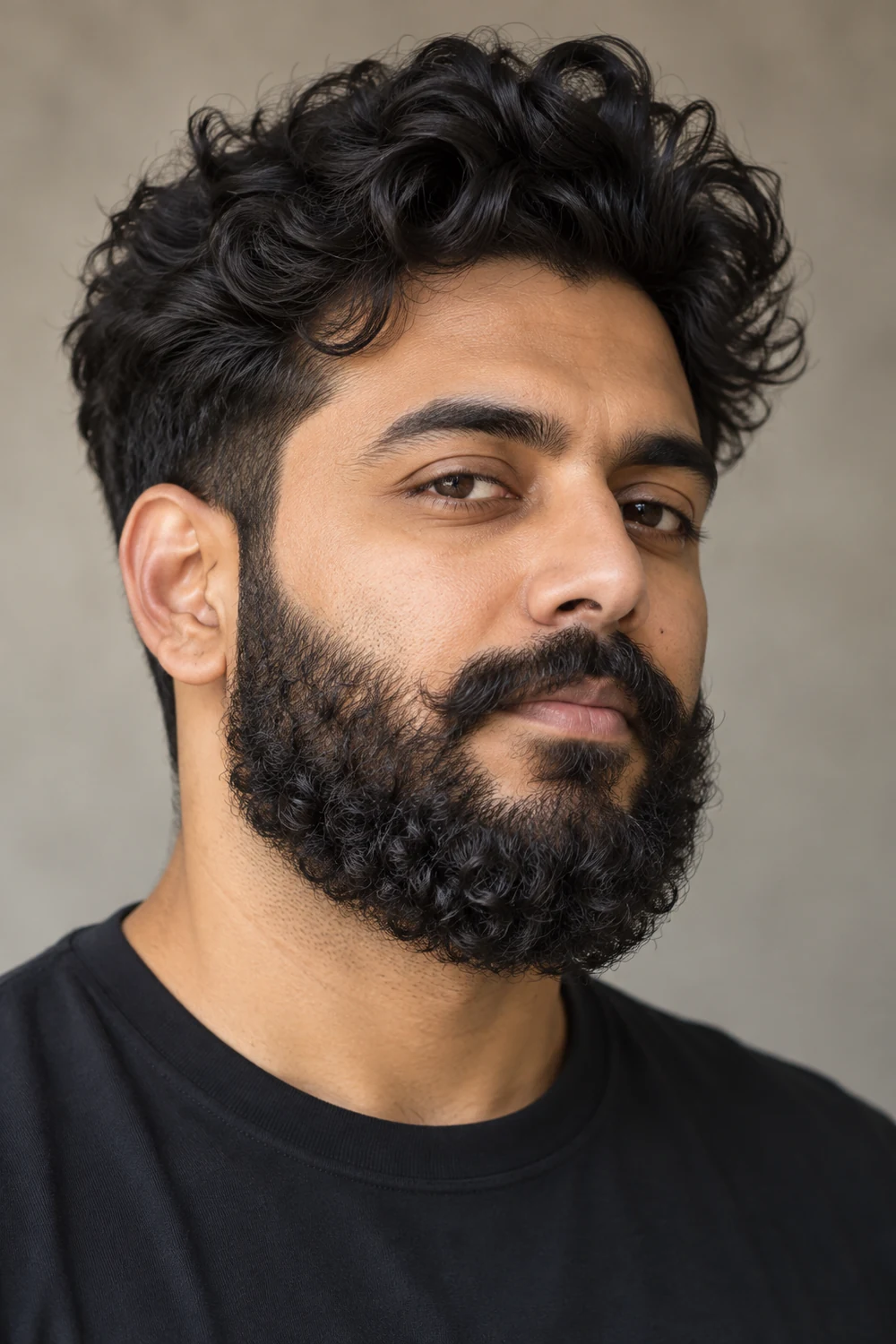 Three-quarter portrait of a South Asian man with a dense, medium-length curly beard, broad rounded chin, high crisp cheek line, and full connected mustache.