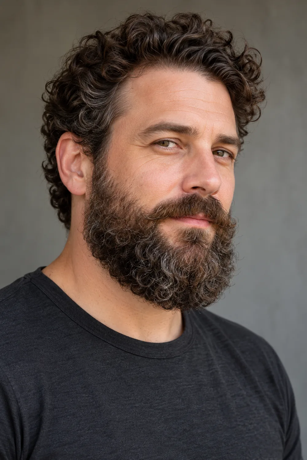 Three-quarter portrait of an adult man with a rounded medium-length curly beard, a connected mustache trimmed above the lip, and short blended sideburns.