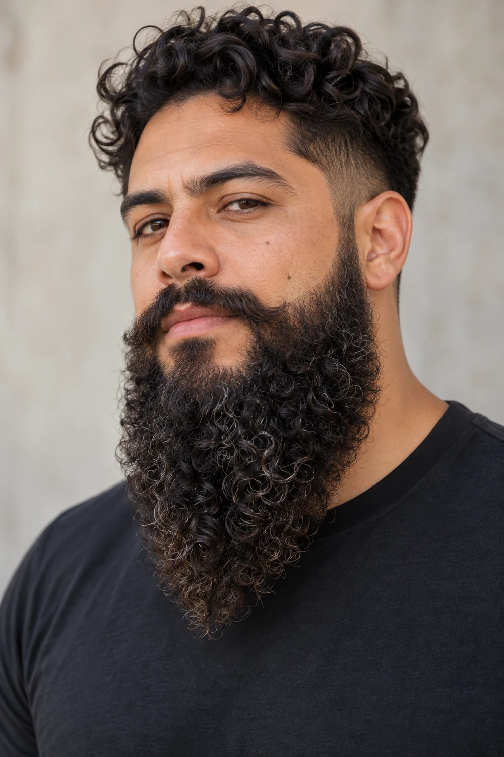 Three-quarter portrait of an adult man with a long, dense curly beard tapering to a chin point and a shaped connected mustache.
