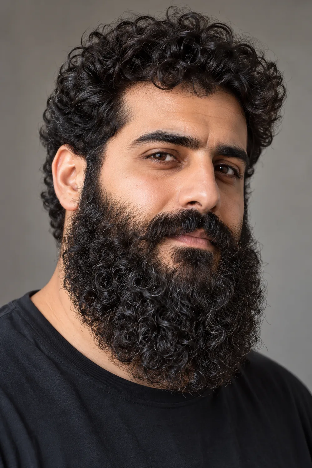 Three-quarter portrait of an adult man with a wide, dense curly beard, soft low cheek line, broad rounded chin, and thick blended mustache.