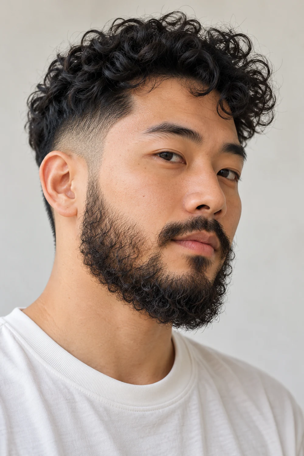 Three-quarter portrait of an East Asian man with a tight curly beard, faded sideburns, rounded chin, and short connected mustache.