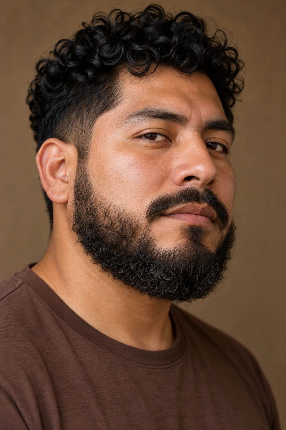 Three-quarter portrait of an adult man with a short, dense curly beard and a separate mustache divided by a narrow shaved gap.