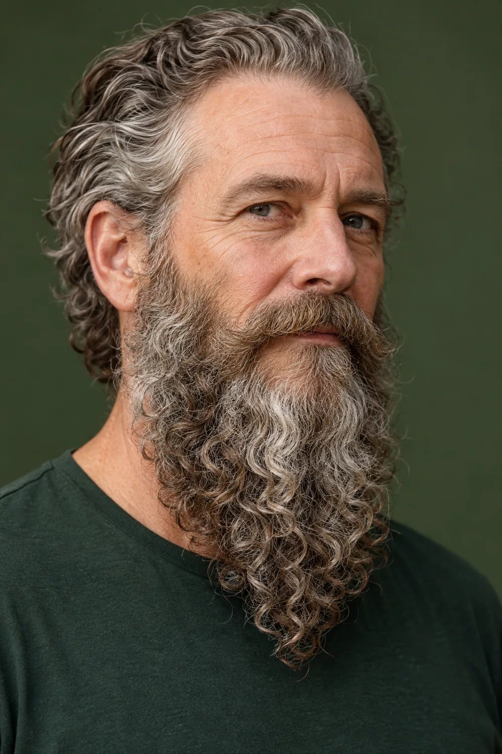 Mature man in three-quarter view with a long, loose-ringlet curly beard tapering to a soft point and a connected mustache.