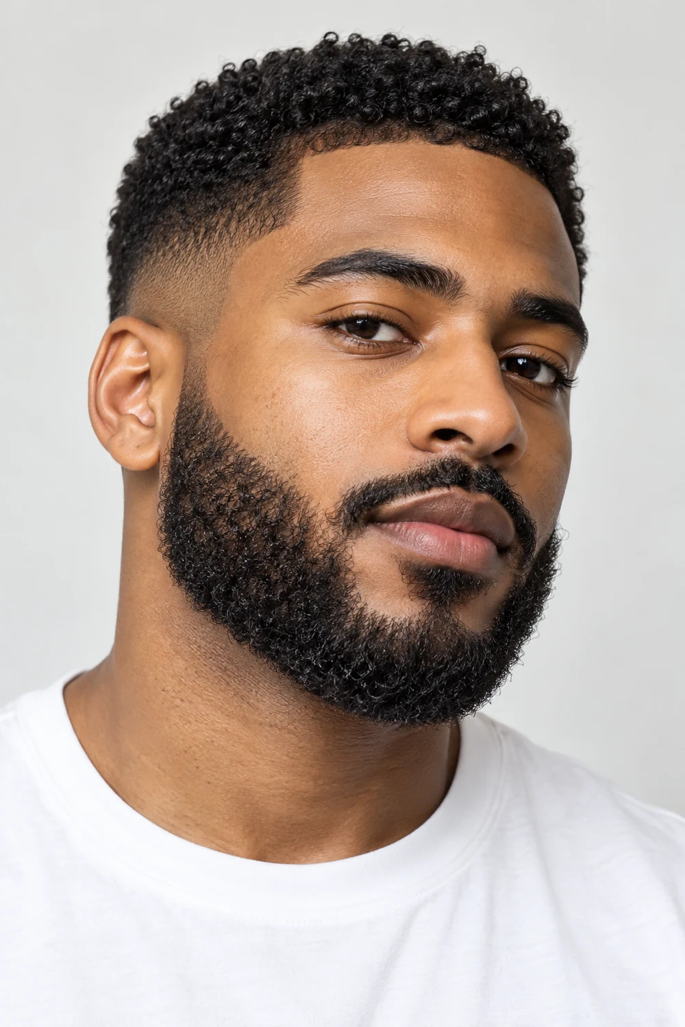 Three-quarter portrait of a Black man with a compact, tightly curly beard, high rounded chin, crisp cheek line, faded sideburns, and connected mustache.