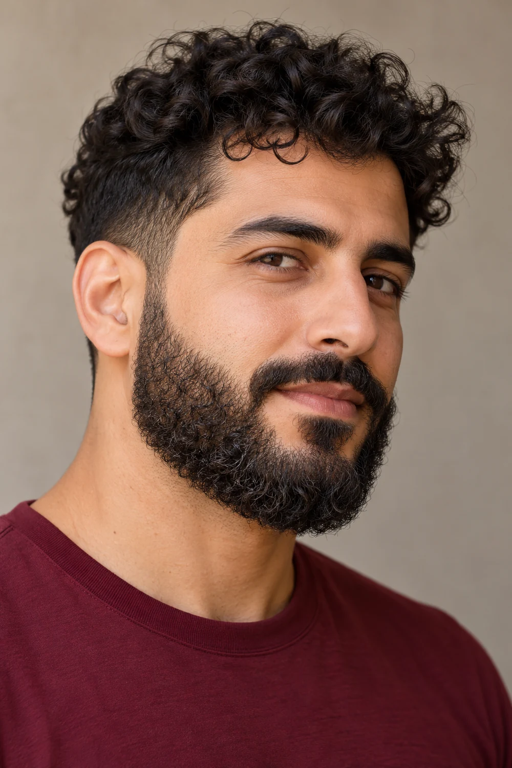 Three-quarter portrait of an adult man with a dense, tightly curled beard tapered inward toward a rounded chin, a high cheek line, tapered sideburns, and a connected mustache, wearing a burgundy shirt.
