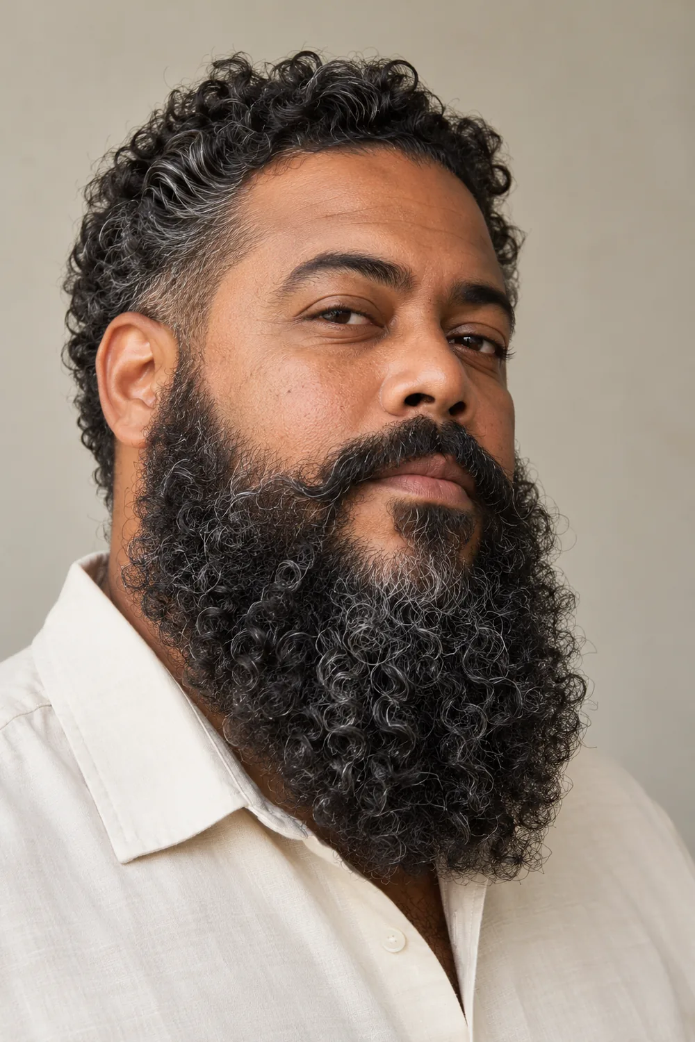 Adult man with a long, full beard of distinct rounded curls, a broad connected mustache, and softly edged cheeks, wearing a cream shirt.