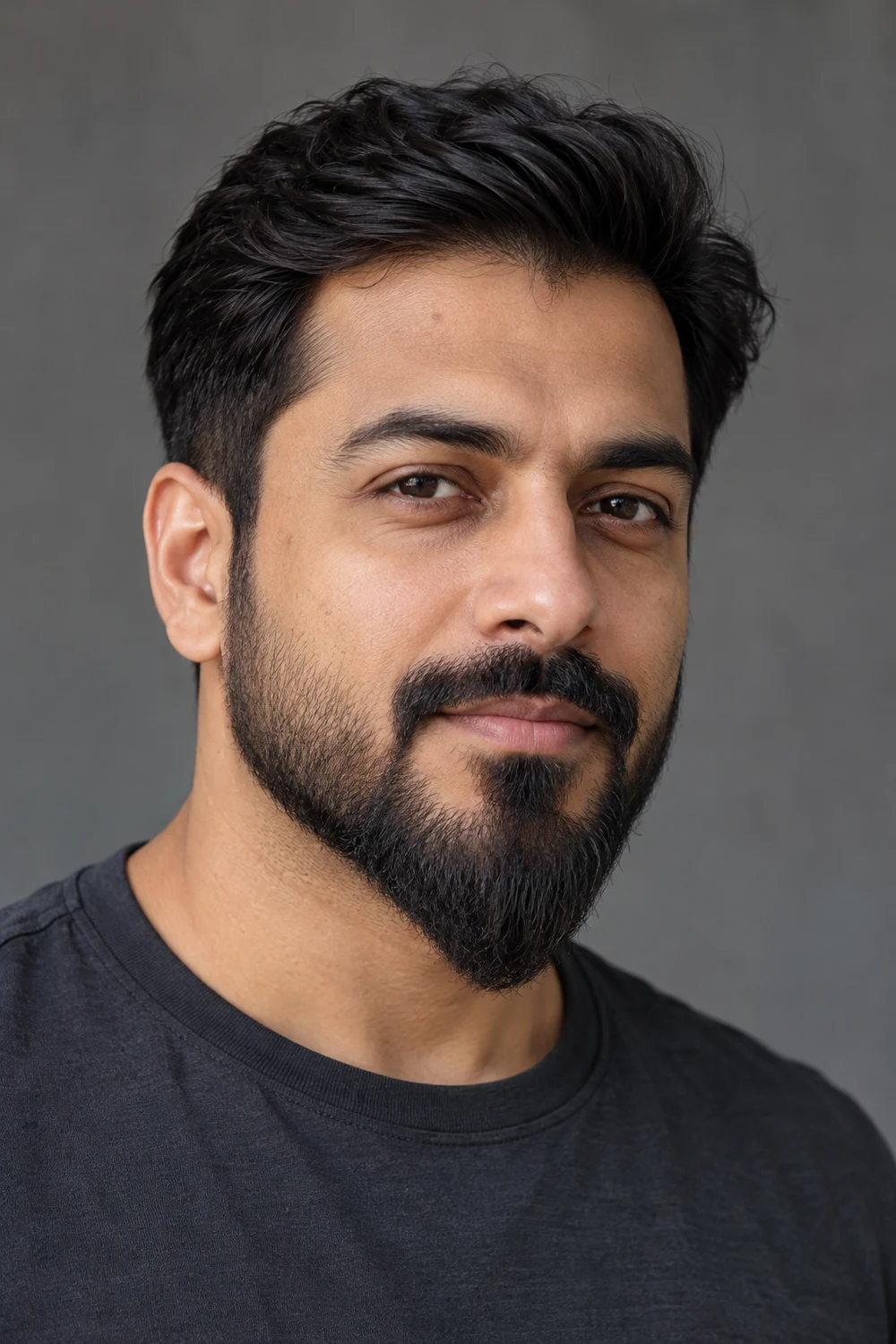 Three-quarter portrait of an adult South Asian man with a compact dark beard tapering from close cheeks into a soft central chin point, paired with a short connected mustache.