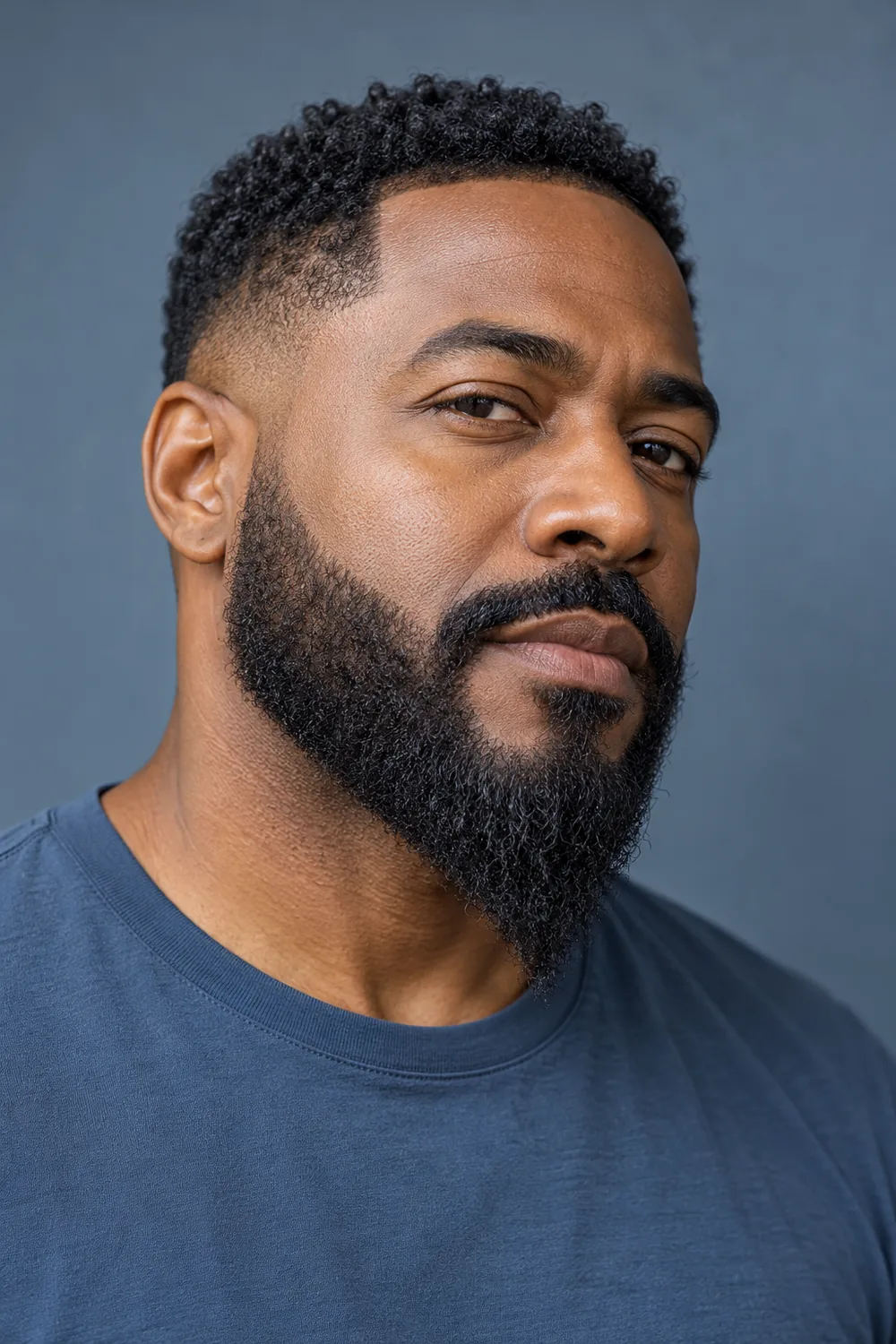 Three-quarter portrait of an adult Black man wearing a dense, medium-length beard tapered to a sharp central chin point with a connected mustache.