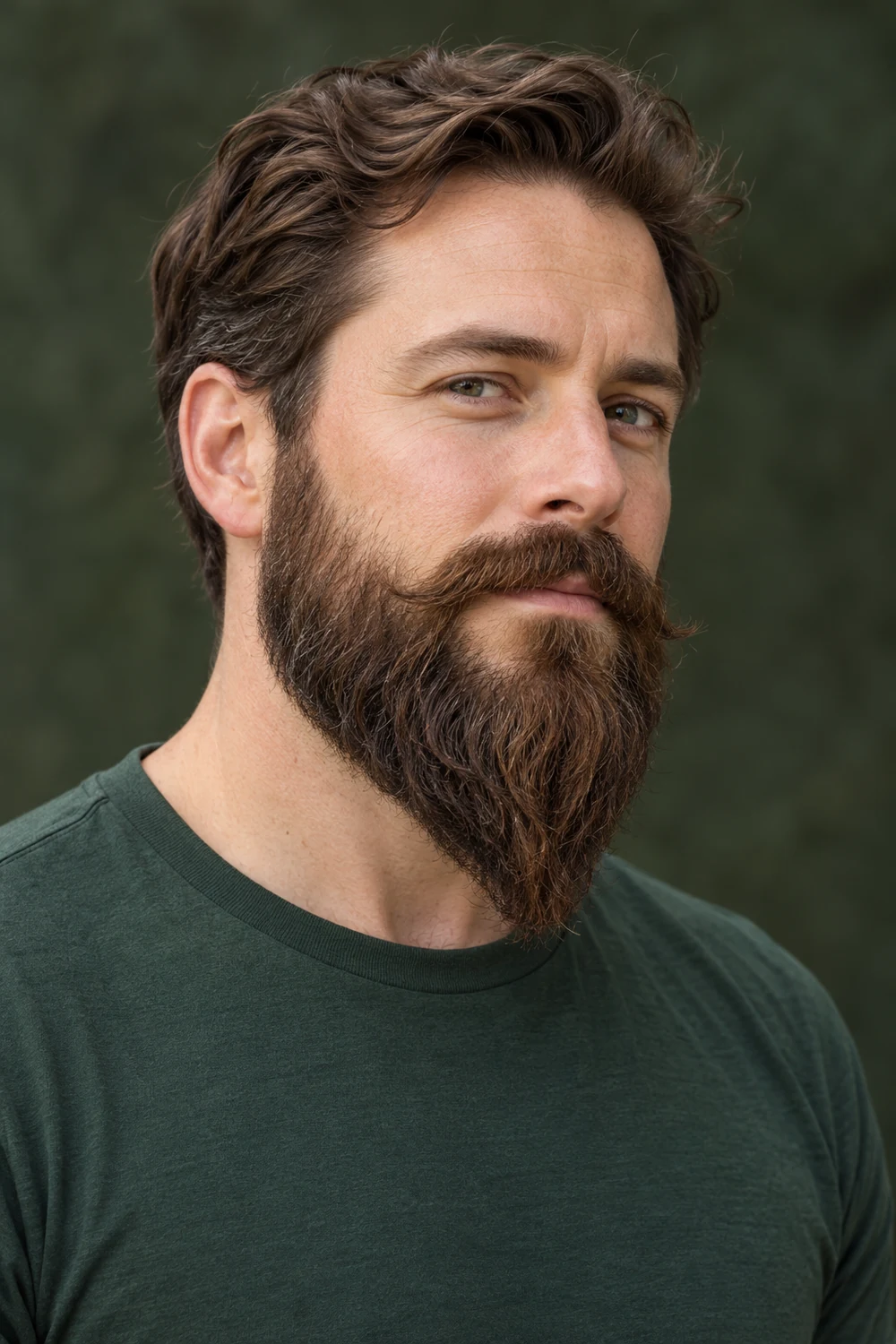 Adult man in a forest-green shirt wearing a long, wavy dark brown beard that narrows into a distinct central chin point, with a connected swept mustache.