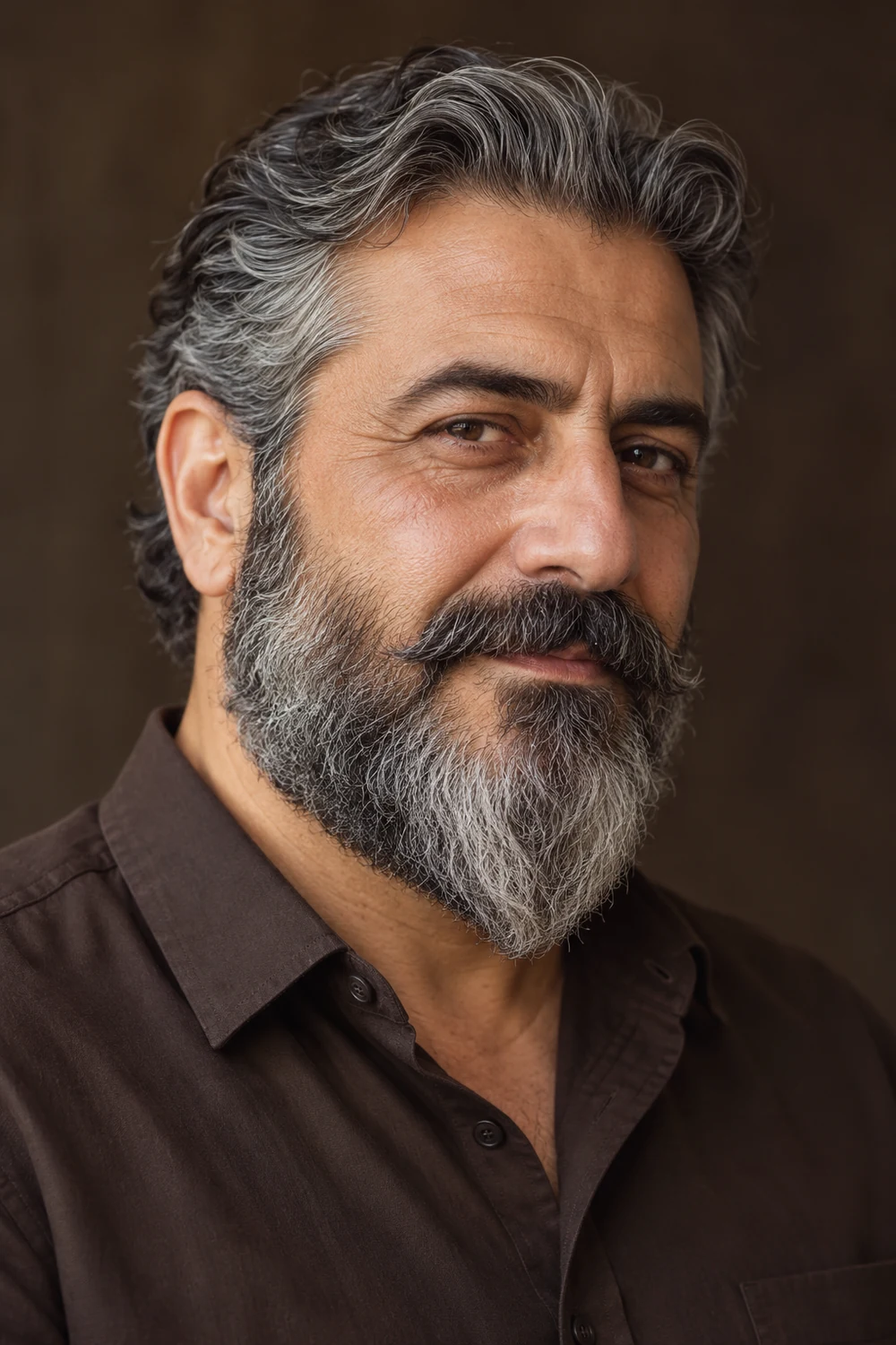 Three-quarter portrait of a mature man with wavy salt-and-pepper hair and a full ducktail beard tapering to a soft rounded point, wearing a dark brown shirt.