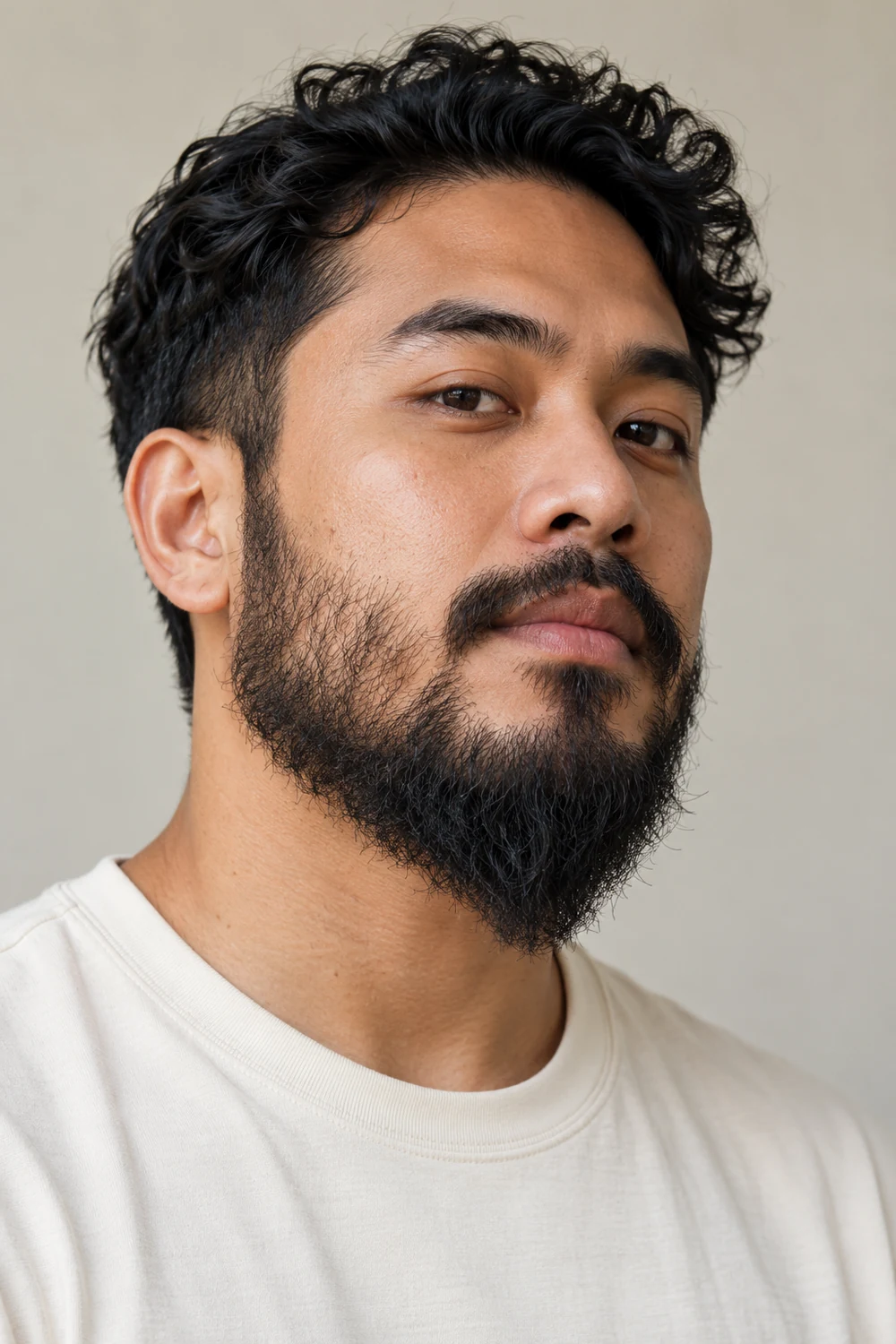 Three-quarter portrait of an adult man in a cream crew-neck shirt, with loose-curly dark hair and a full beard tapering to a soft central ducktail point.
