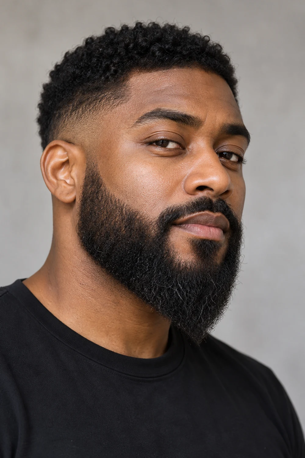 Three-quarter portrait of an adult Black man with a modest sideburn fade, dense full ducktail beard tapering to a pointed chin, and connected mustache.