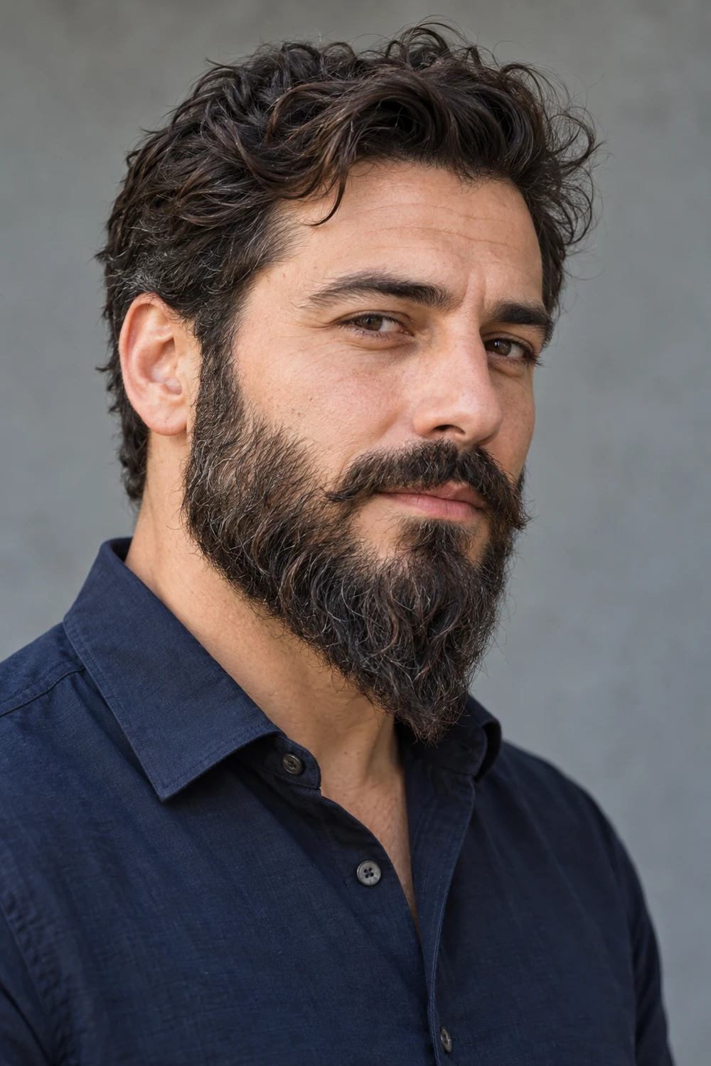 Three-quarter portrait of an adult man in a navy shirt with a loose, wavy dark beard tapering into a long, softly pointed chin.