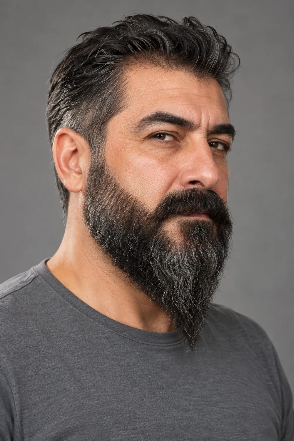 Three-quarter portrait of an adult man with coarse dark facial hair and gray strands, shaped into a broad ducktail beard with a long central point.