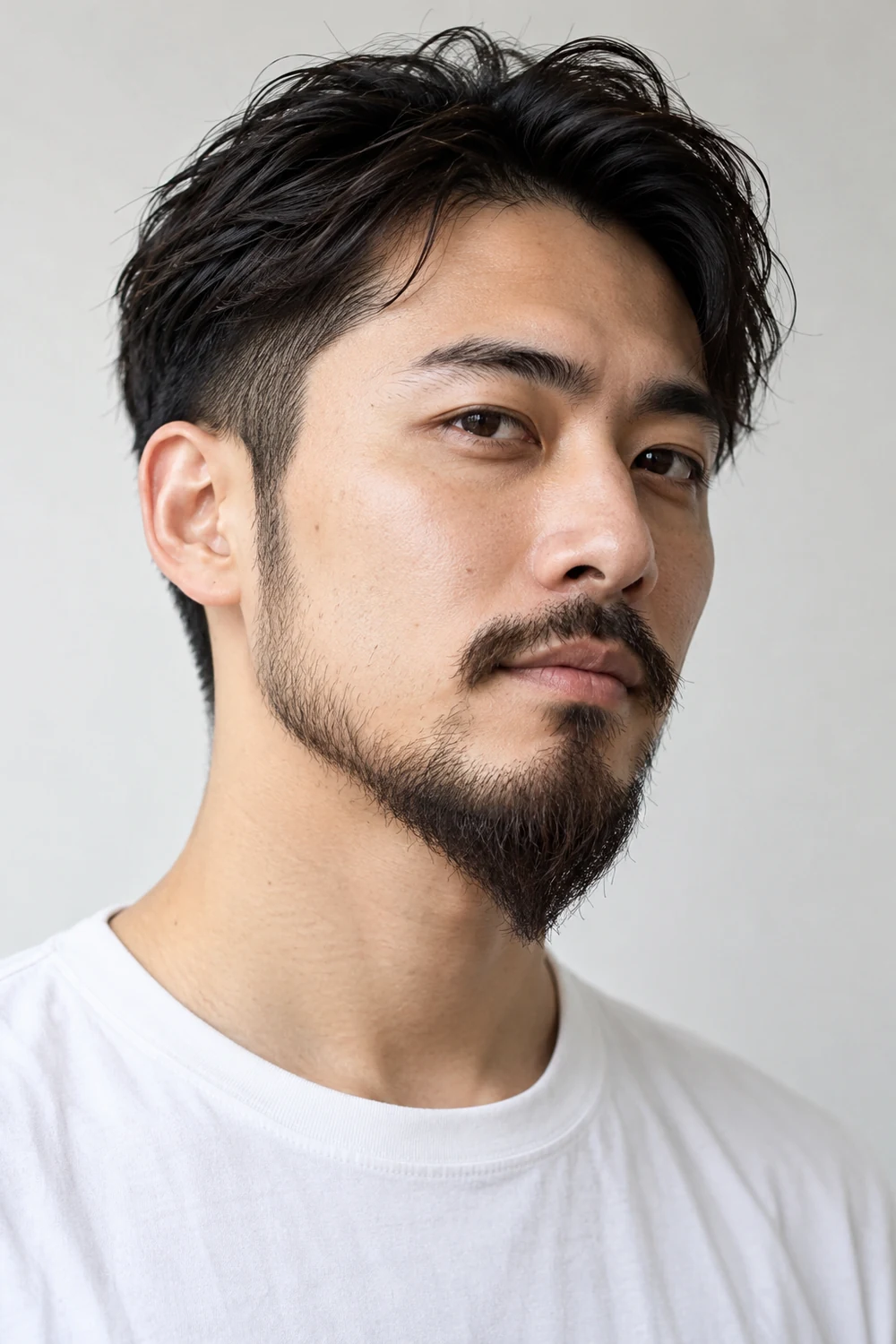 Three-quarter portrait of an adult Japanese man with close-trimmed beard sides, a lightly connected narrow mustache, and a longer central chin tapering to a slim point.
