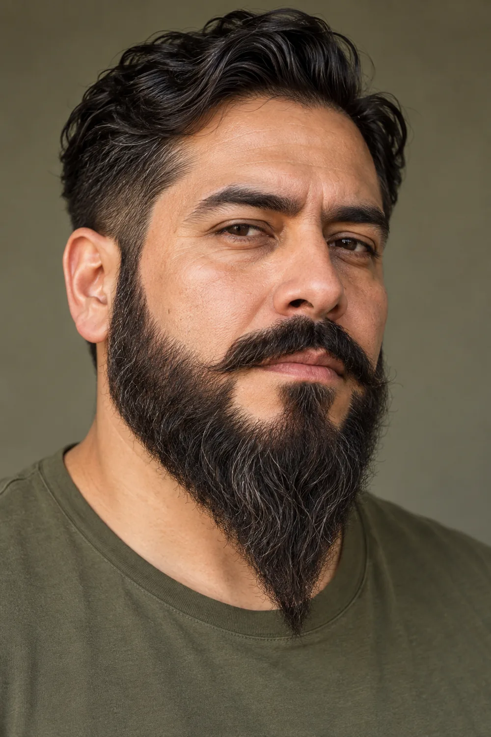 Adult man in an olive shirt with a full, wavy dark ducktail beard tapering to a long point and a mustache separated from the beard at the corners.