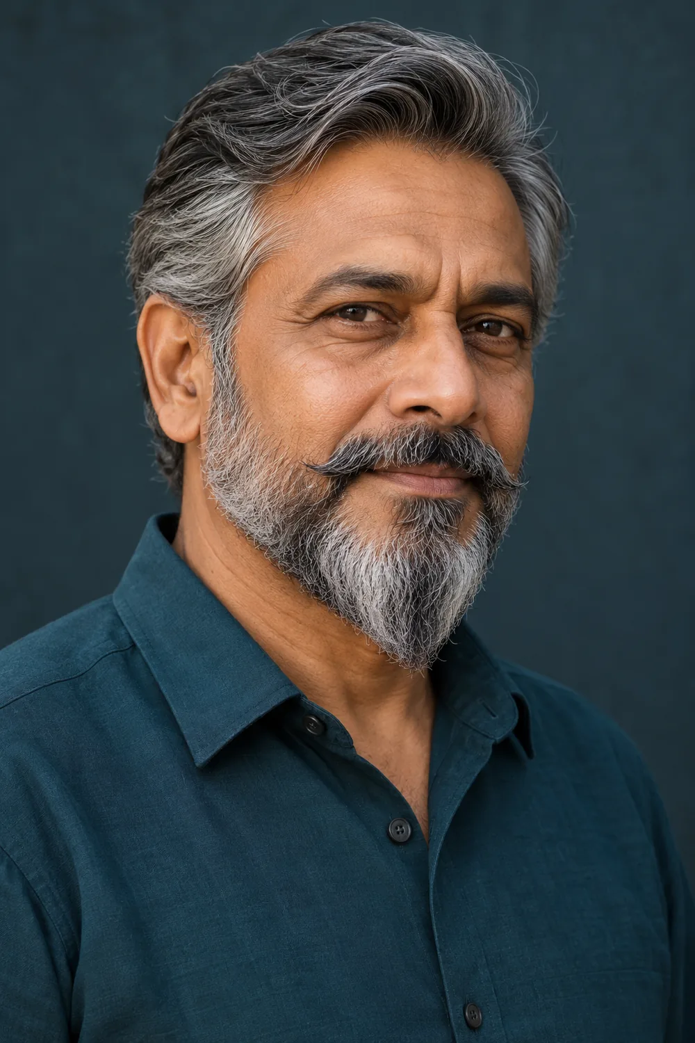 Older Indian man in a dark teal shirt with a wiry salt-and-pepper ducktail beard tapering to a pointed chin and a curled connected mustache.