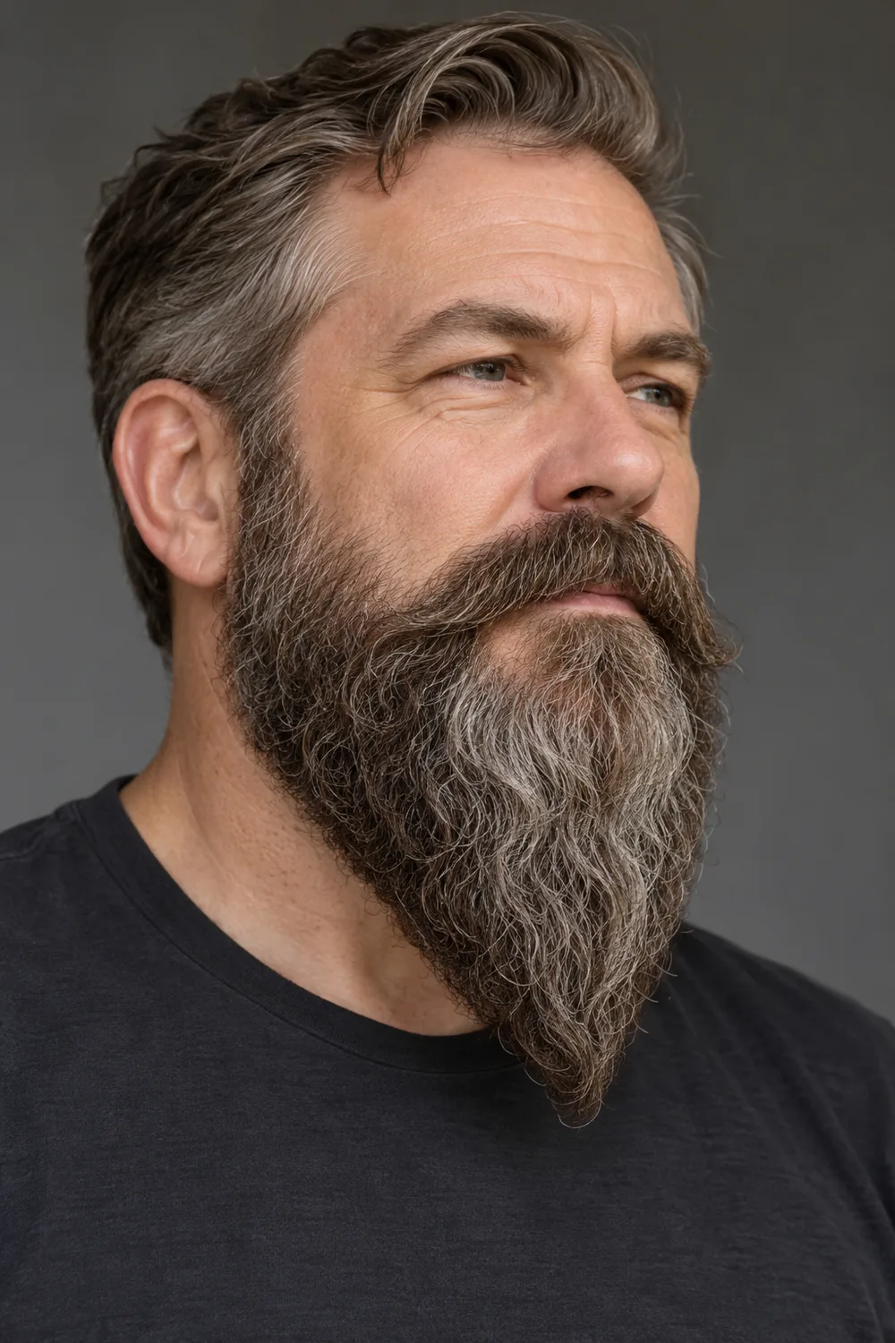 Three-quarter portrait of a mature man with a long, coarse dark and silver ducktail beard tapering to a rounded central point, paired with a full mustache and charcoal shirt.