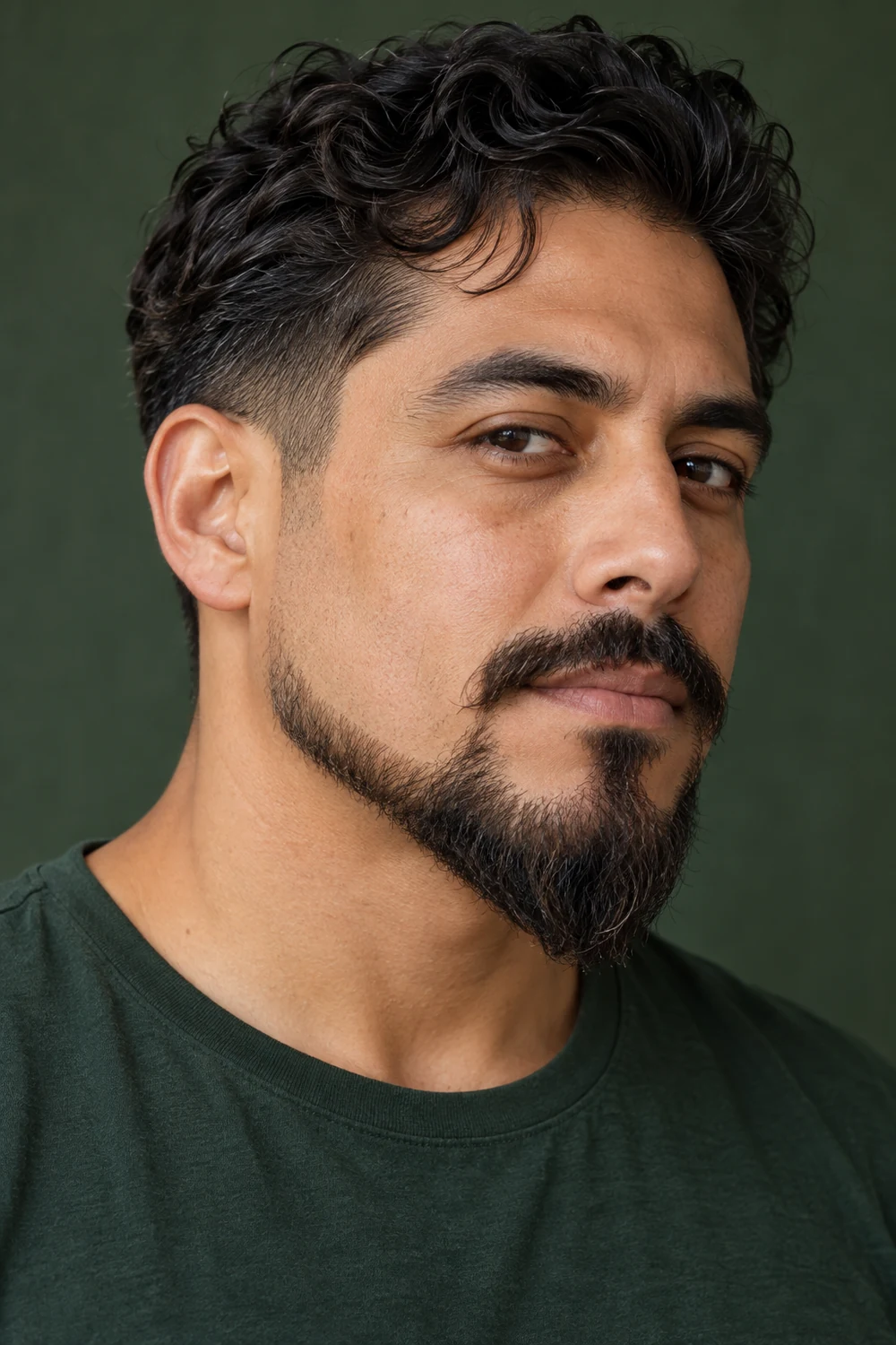 Three-quarter portrait of a man with a connected mustache, shaved upper cheeks, a narrow extended goatee and a deep tapered chin.