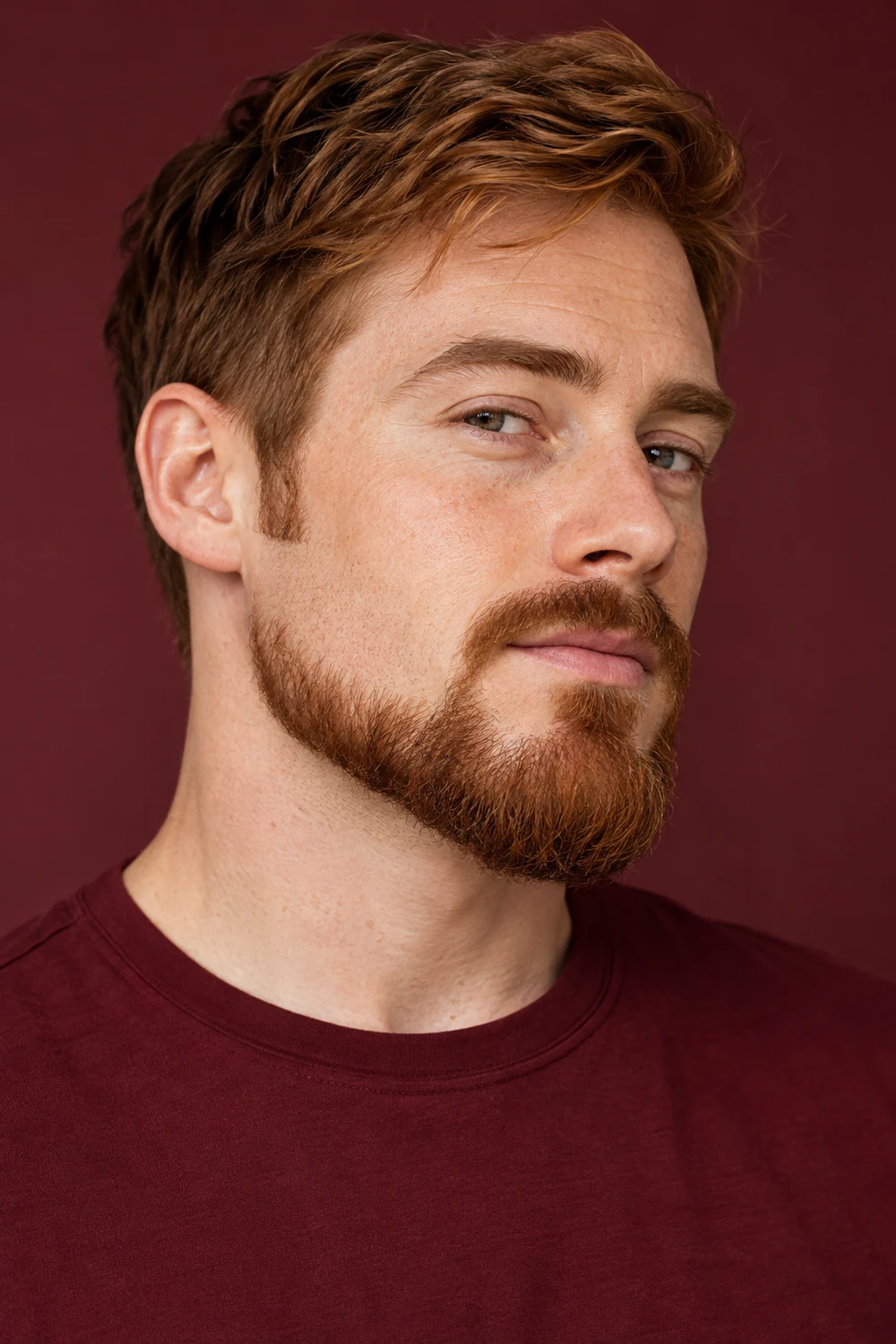 Three-quarter portrait of a freckled man with an auburn extended goatee, connected mustache, shaved upper cheeks, and sideburns stopping above the beard.