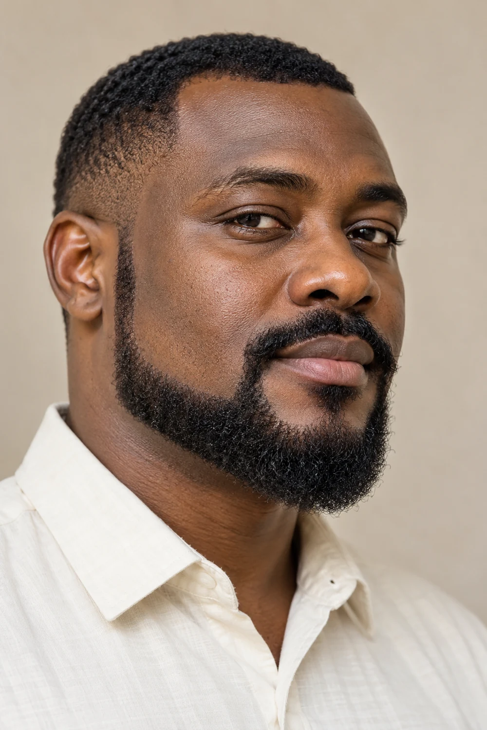 Three-quarter portrait of an adult man with a dense connected mustache and broad extended goatee with a rounded chin tip, shaved upper cheeks, and separate tapered sideburns.