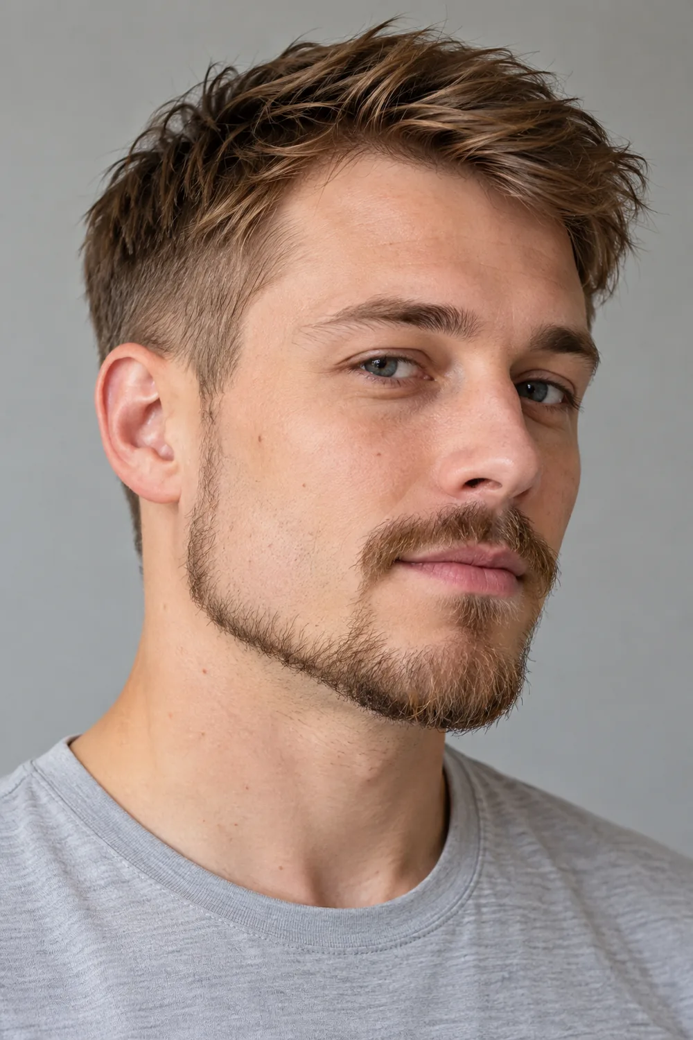 Three-quarter portrait of a light-skinned man with a fine, sparse extended goatee tracing the jaw, a narrow mustache connected at the mouth corners, shaved upper cheeks, and a shallow rounded chin.