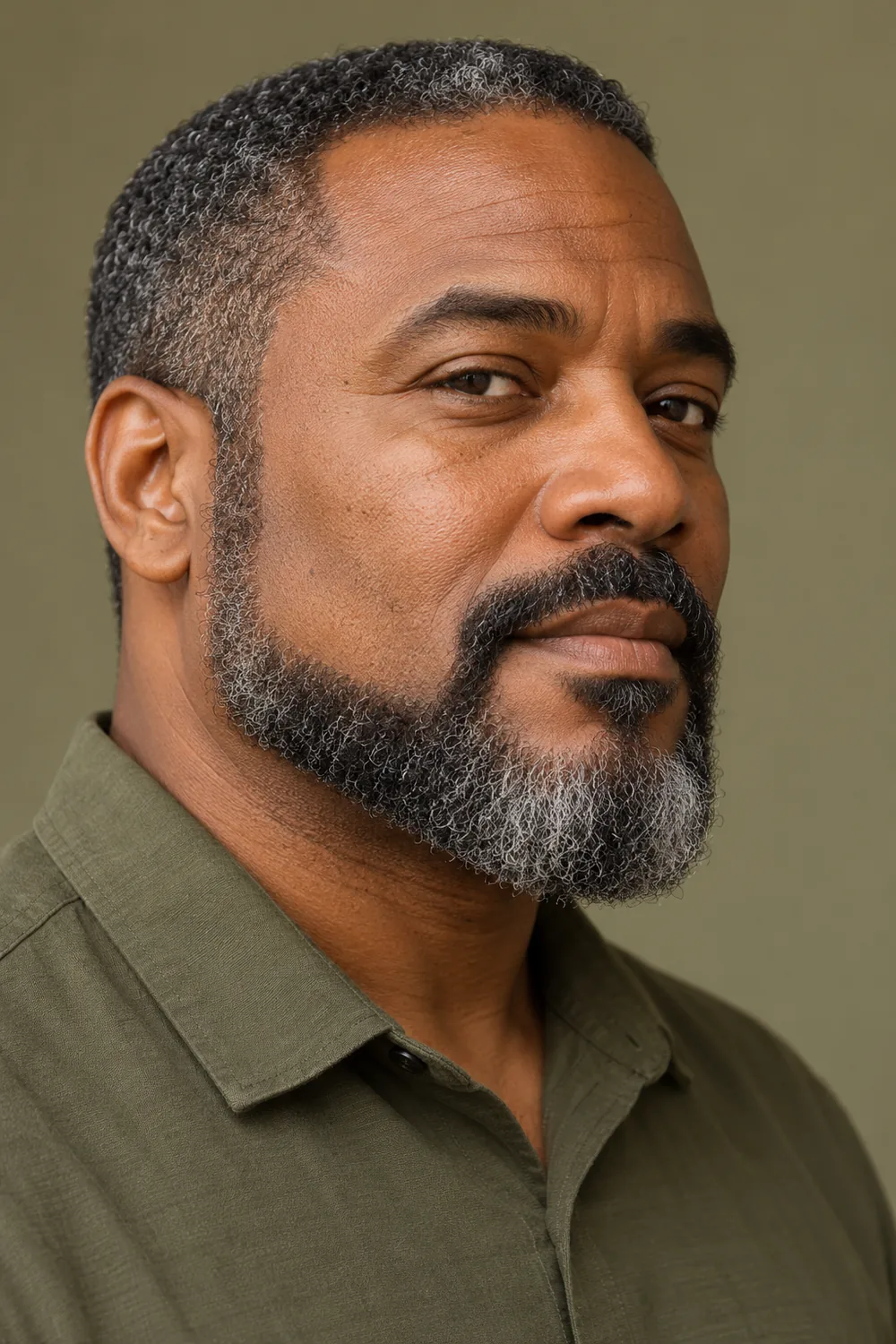 Three-quarter portrait of a Black man with a broad, salt-and-pepper extended goatee, softened wide chin shelf, connected mustache, shaved upper cheeks, and separate tapered sideburns.